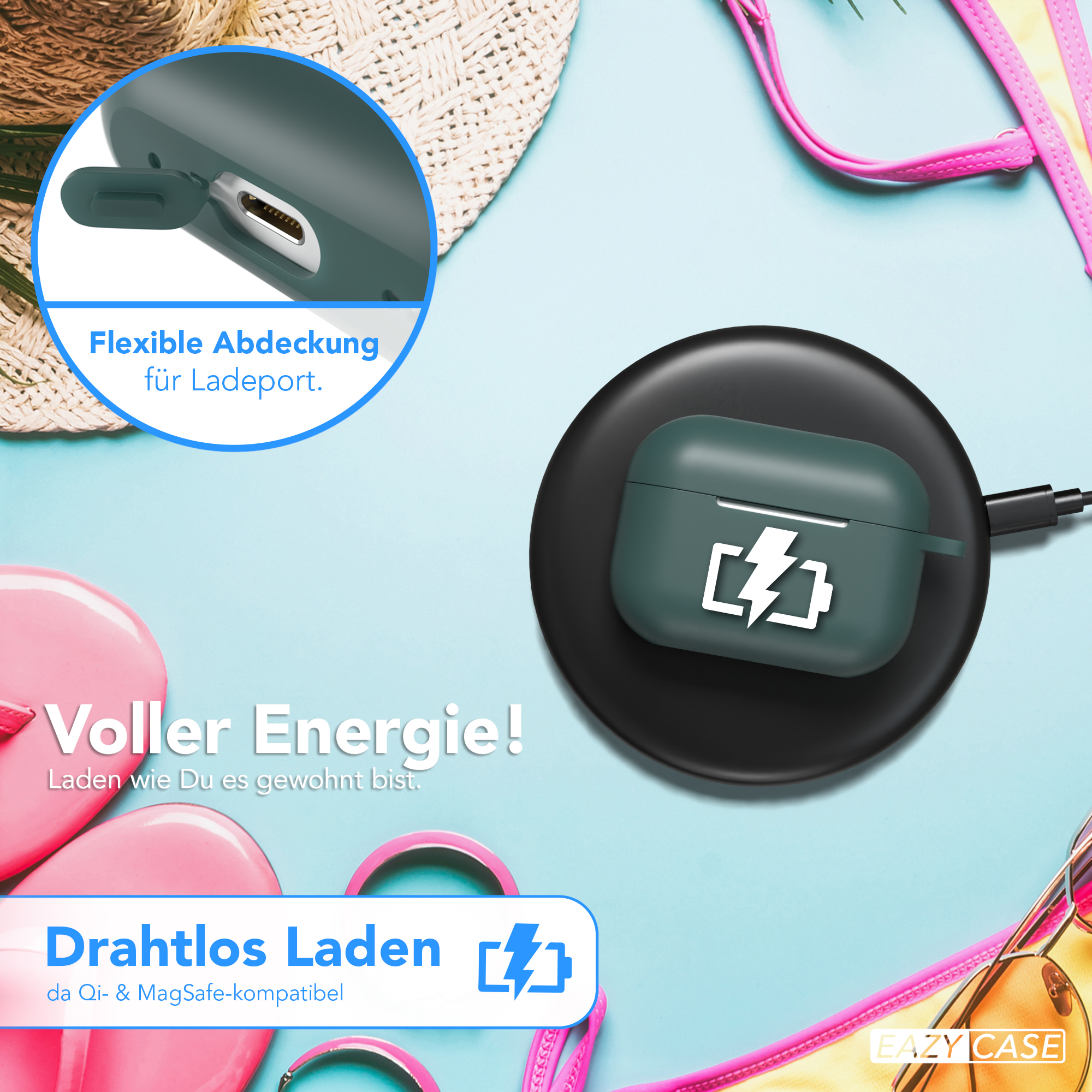 Ohrhörer-Etui auf einem kabellosen Ladegerät. Text hebt kabelloses Laden hervor.