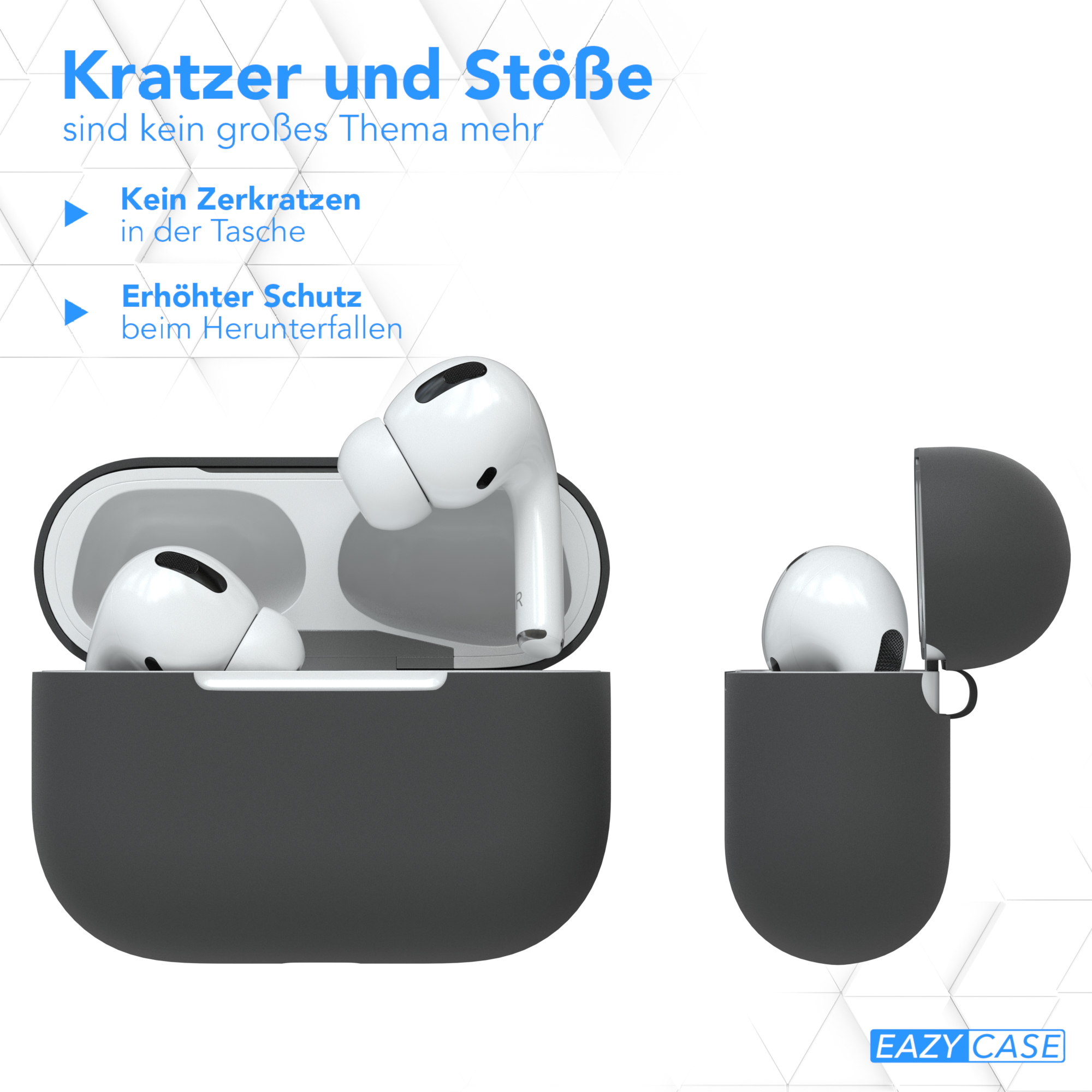 Zwei offene Ohrhörer-Etuis und Ohrhörer, mit Text zum Kratz- und Aufprallschutz.