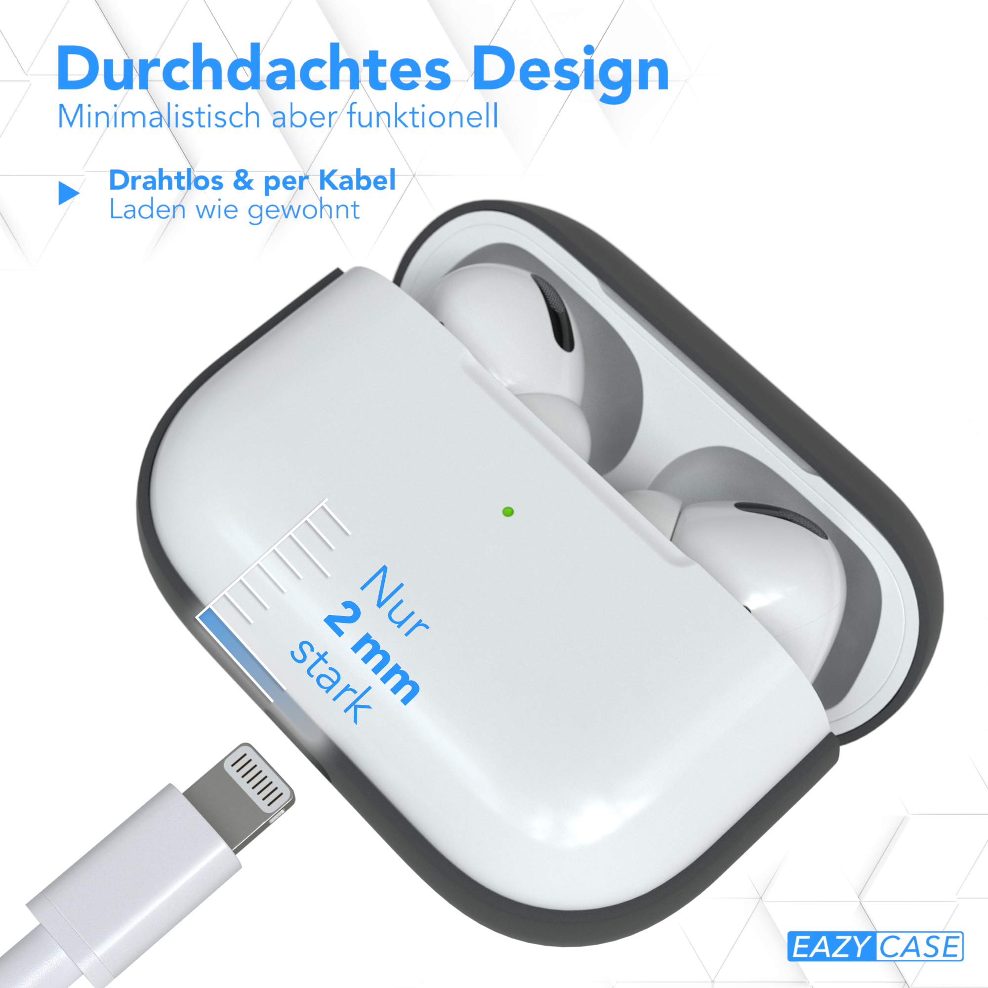 Weißes AirPods-Case mit AirPods darin, mit einem Ladekabel.