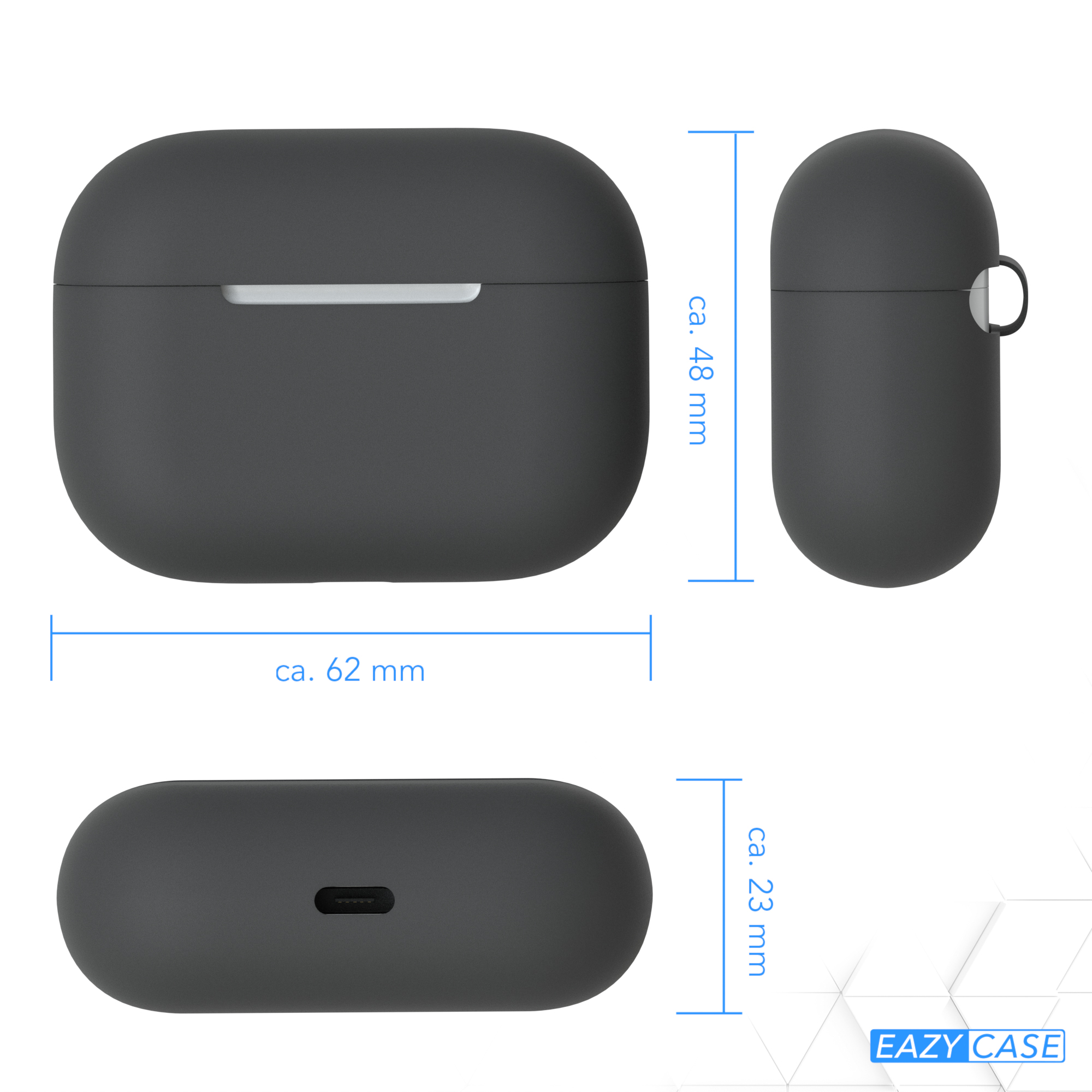 Graue AirPods-Hülle mit Abmessungen und Logo, vor weißem Hintergrund.