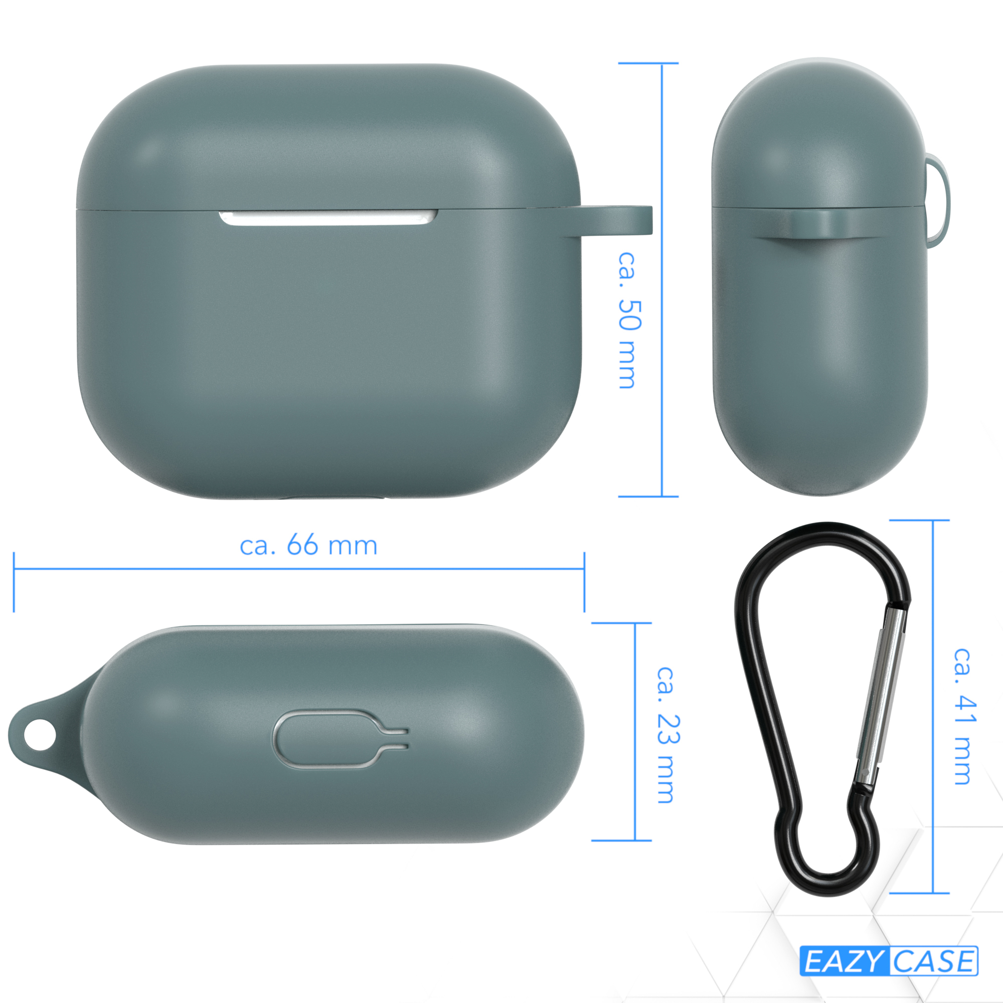 Kopfhörer-Etui mit Abmessungen. Das Etui ist blaugrün, mit einem schwarzen Karabiner.