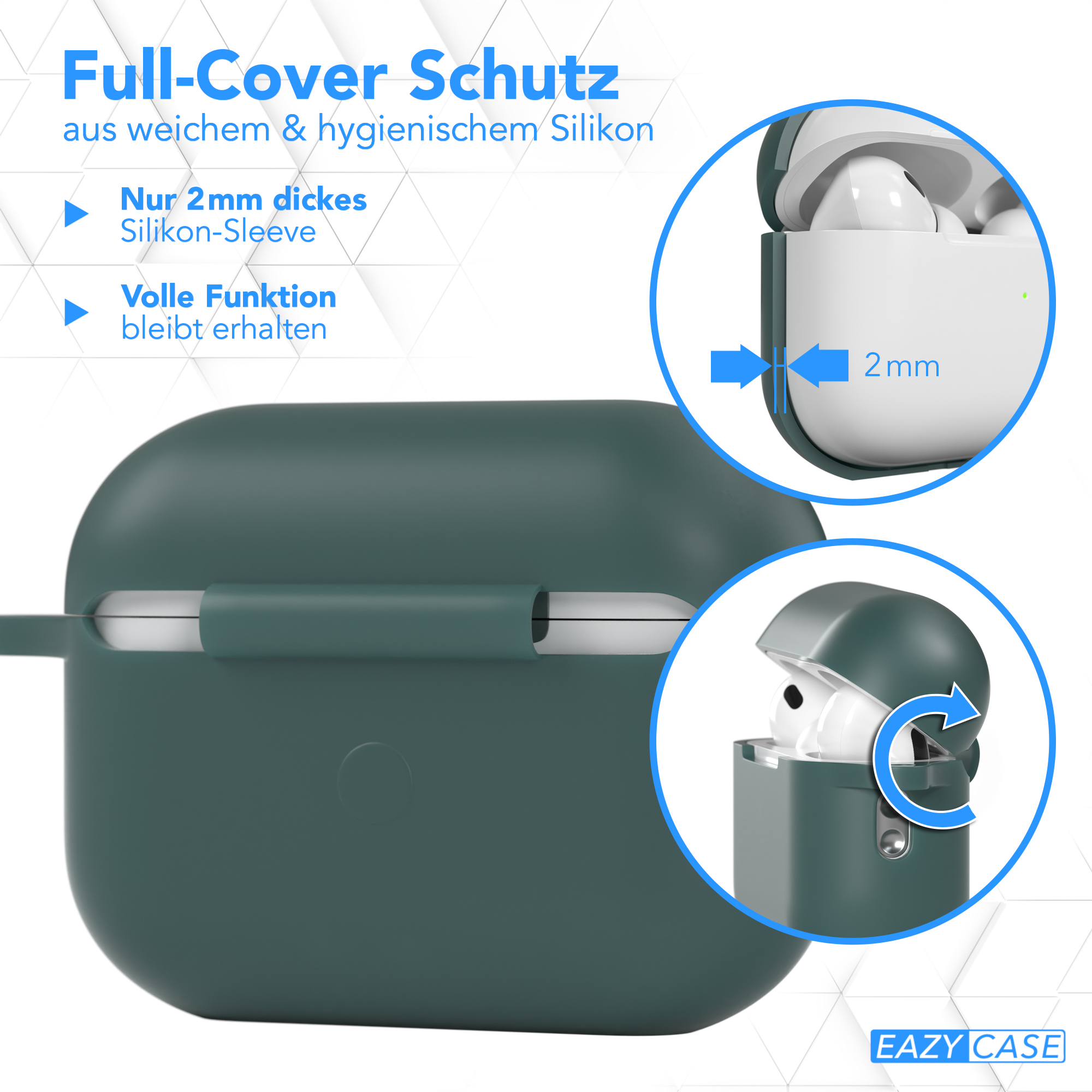 Grünes AirPods-Etui mit geöffneter Oberseite, die weißen Ohrhörer im Inneren zeigt, und Nahaufnahmen.