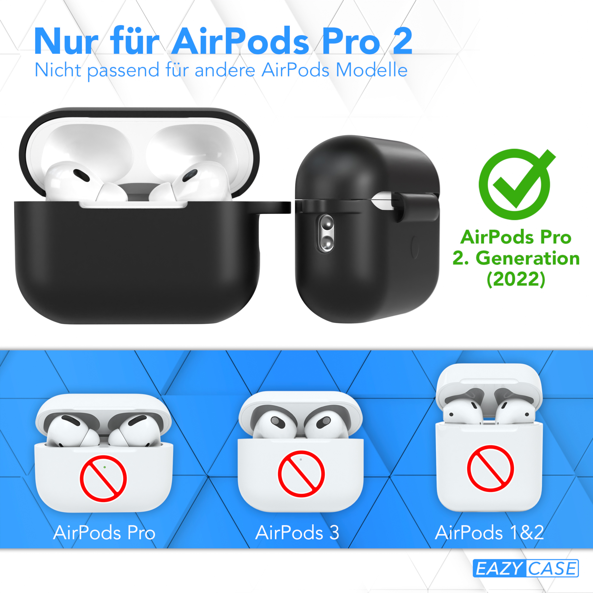 Kopfhörer-Etuis gezeigt. Nur das AirPods Pro 2nd gen-Etui ist korrekt, andere falsch.