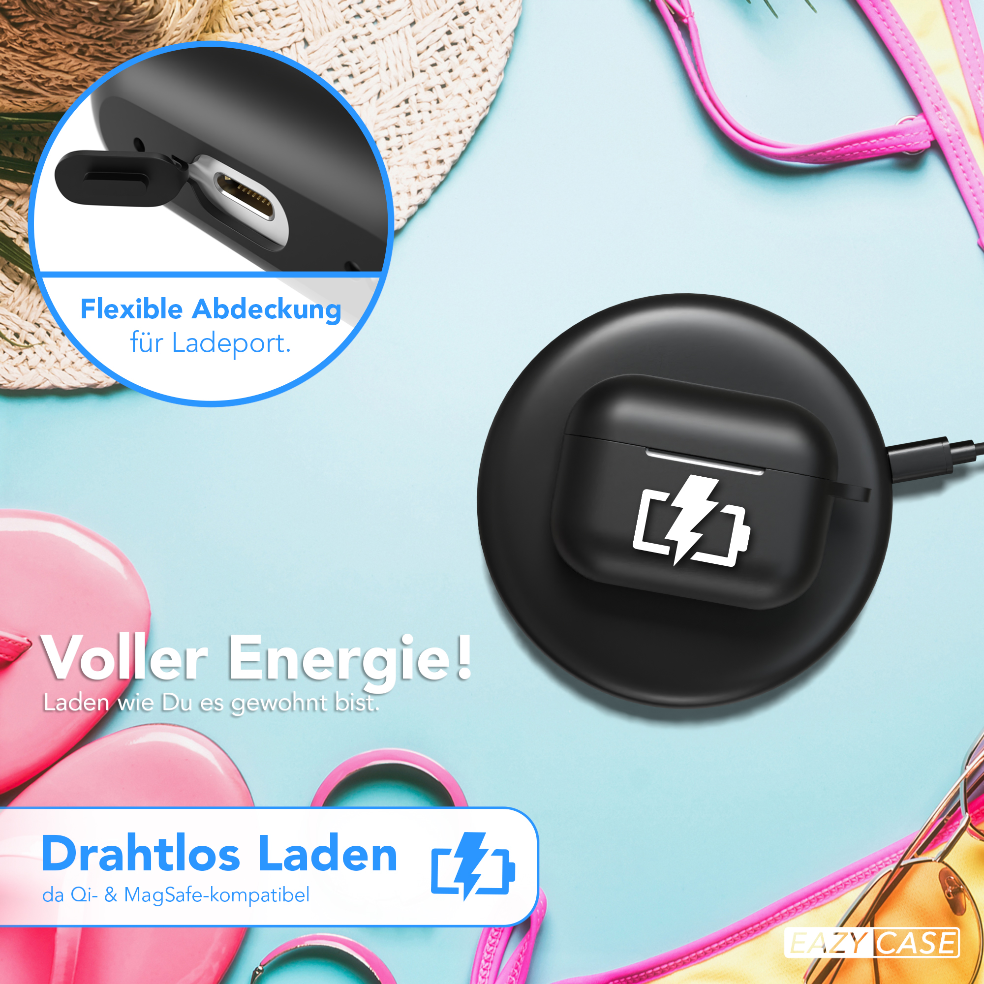 Schwarzes kabelloses Ladepad mit AirPods-Hülle, Bikini und Text-Overlays. Nahaufnahme des Ladeanschlusses.