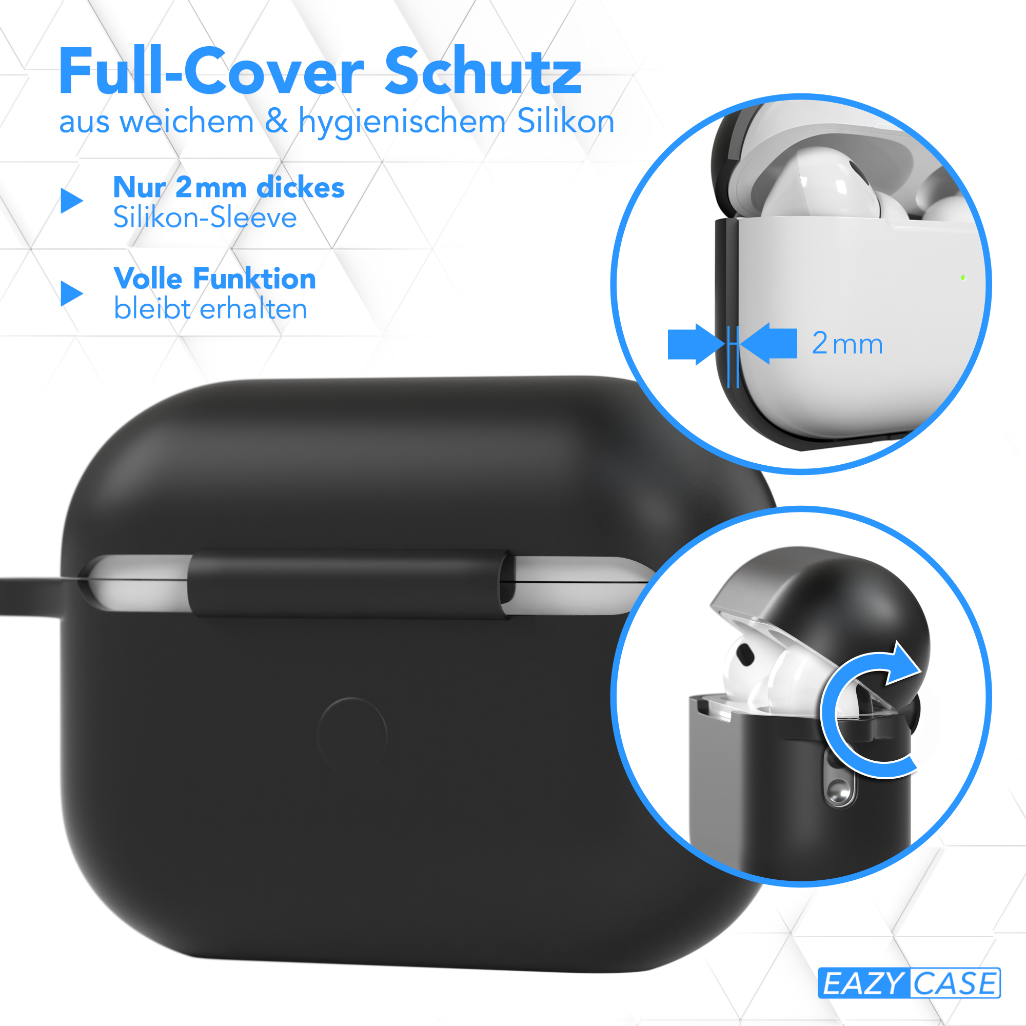 Schwarzes AirPods Pro Case mit Nahaufnahme, die 'Full-Cover Schutz' und 2mm Dicke zeigt.