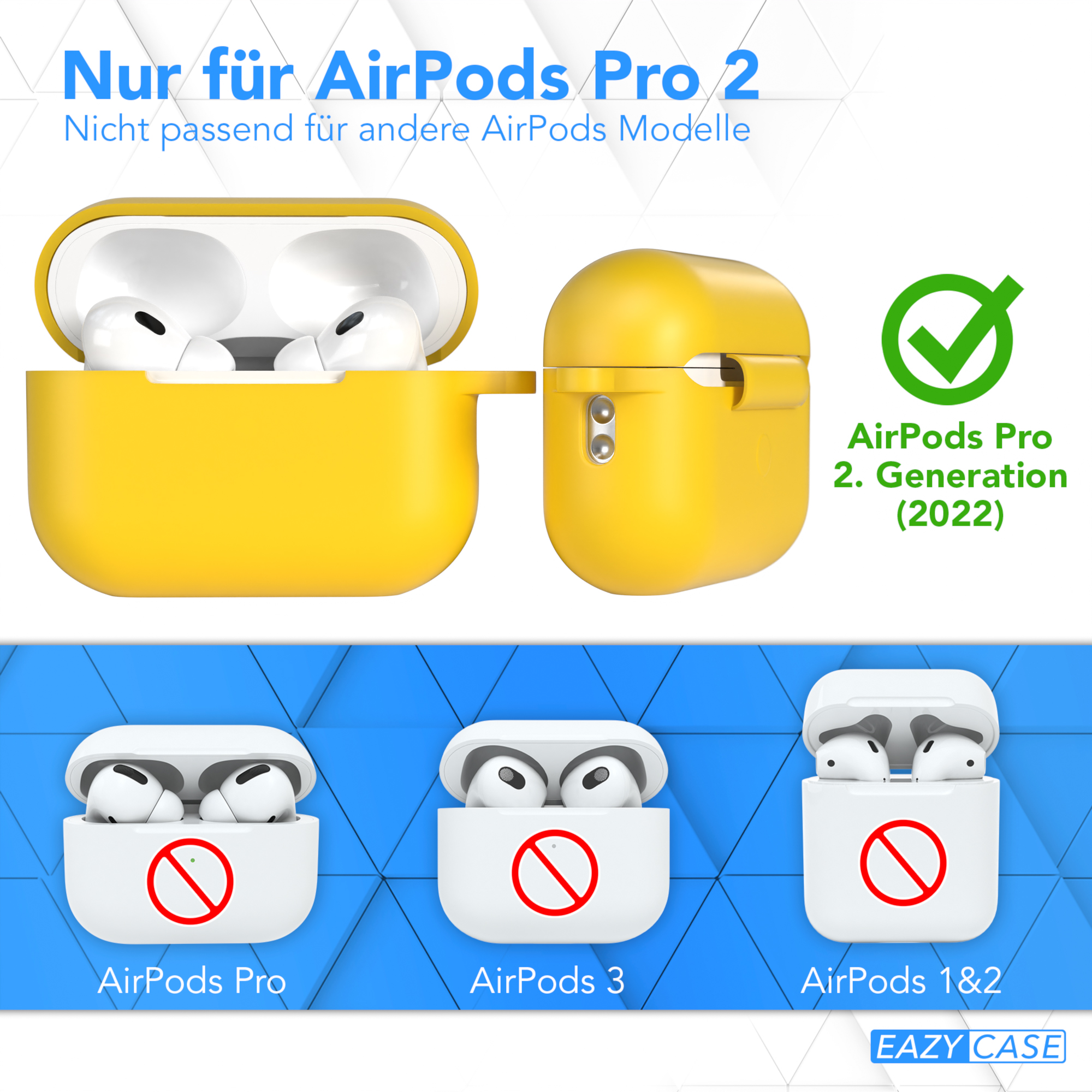 Gelbe AirPods Pro 2 Hülle, mit AirPods darin. Unten, AirPods Pro, 3 und 1&2 mit rotem Strich.