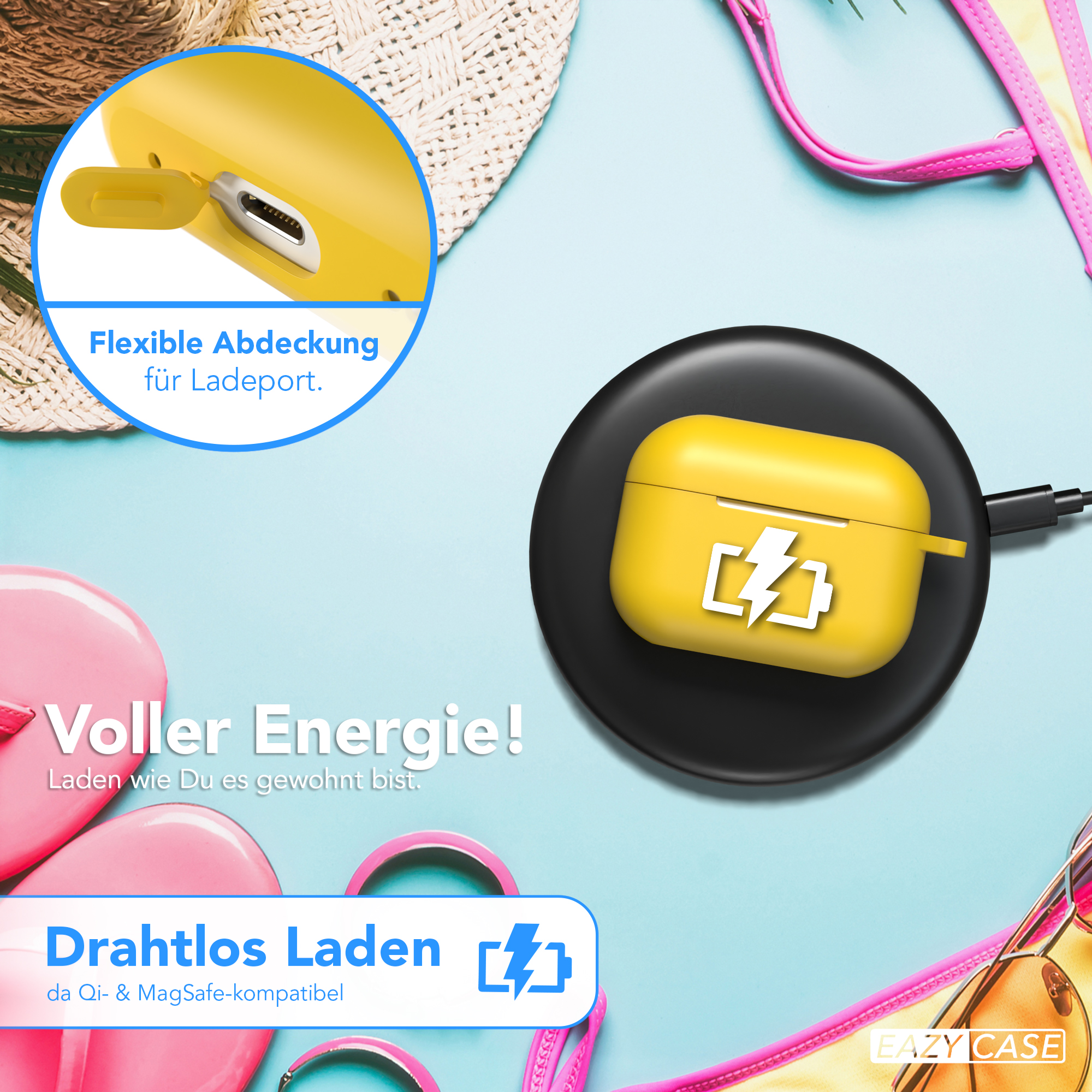 Gelbes kabelloses Ladecase mit Ladesymbol und Ladekabel.