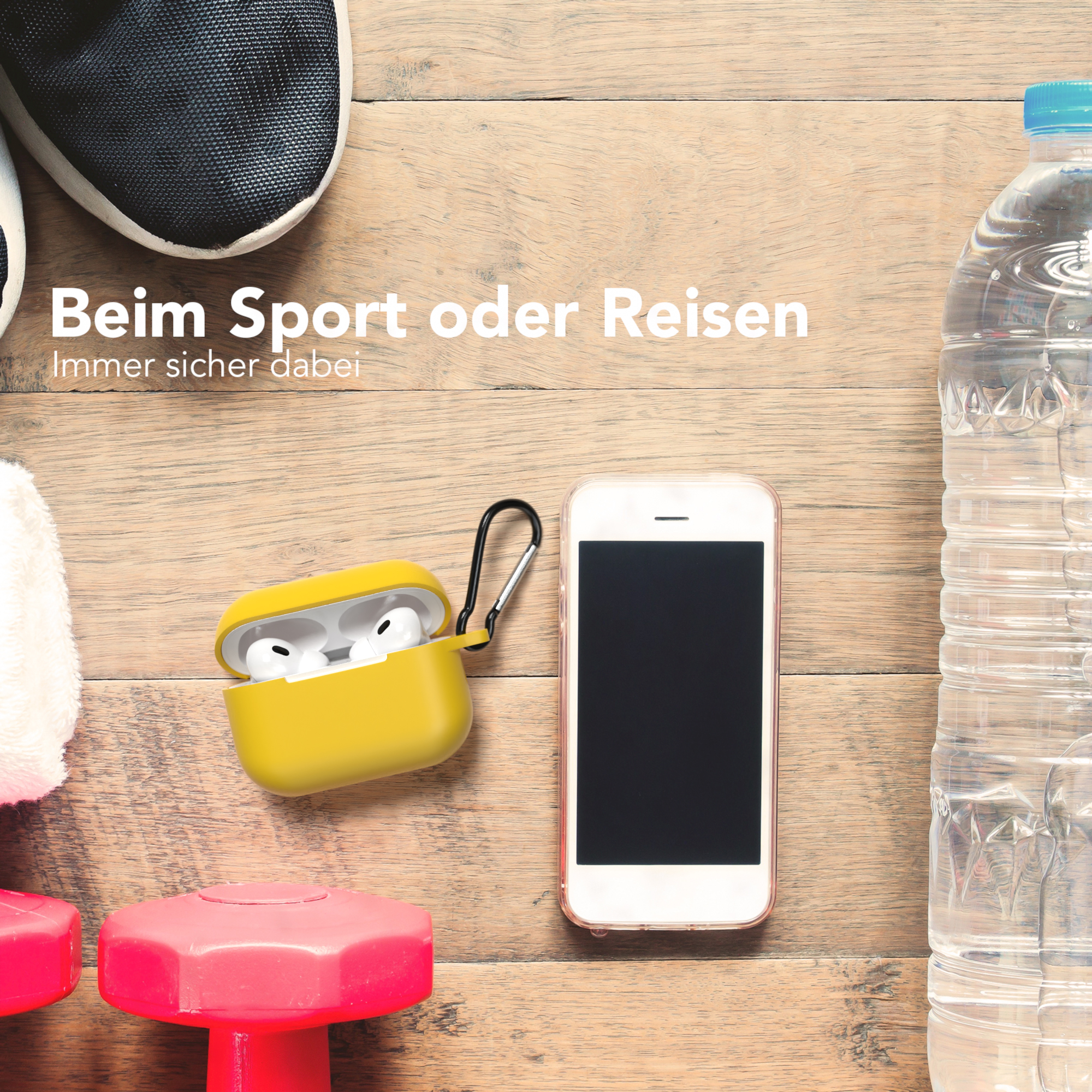 EarPods-Hülle und Telefon auf einer Holzoberfläche mit einer Wasserflasche.