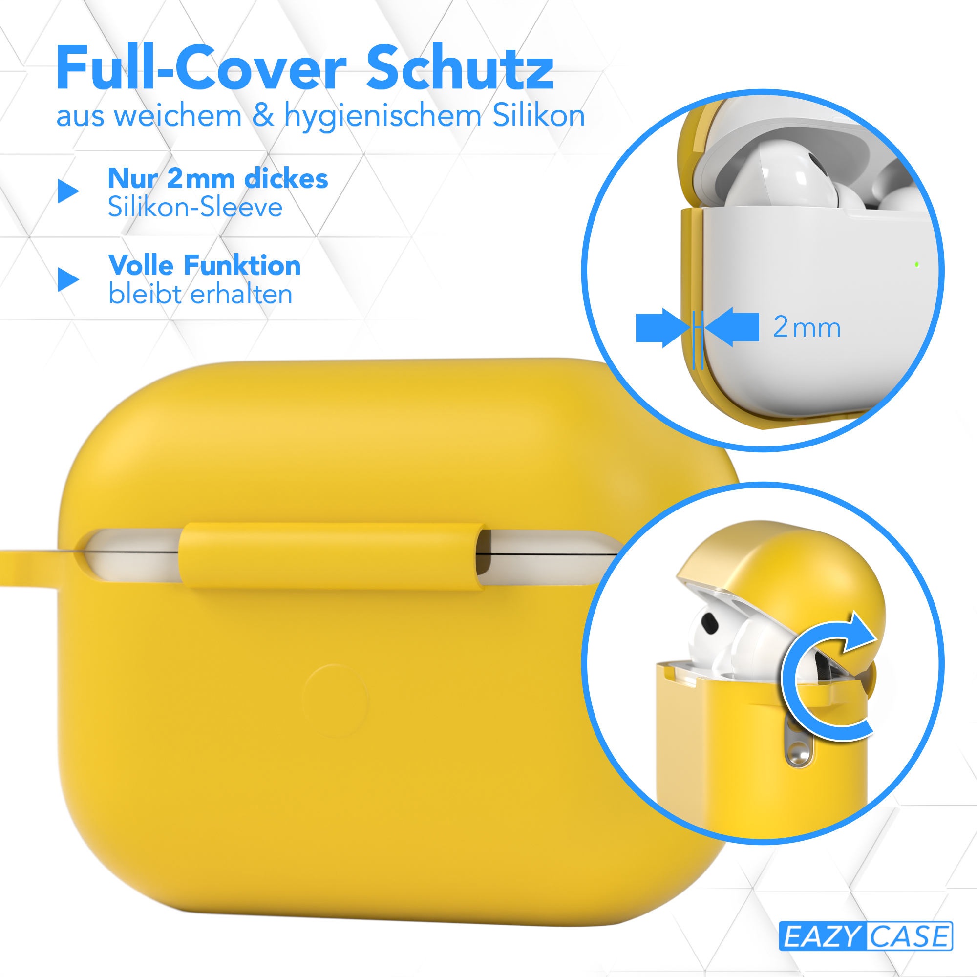 Gelbes AirPods-Gehäuse. Das Gehäuse ist geöffnet. Der Text lautet Full-Cover Schutz und 2 mm.