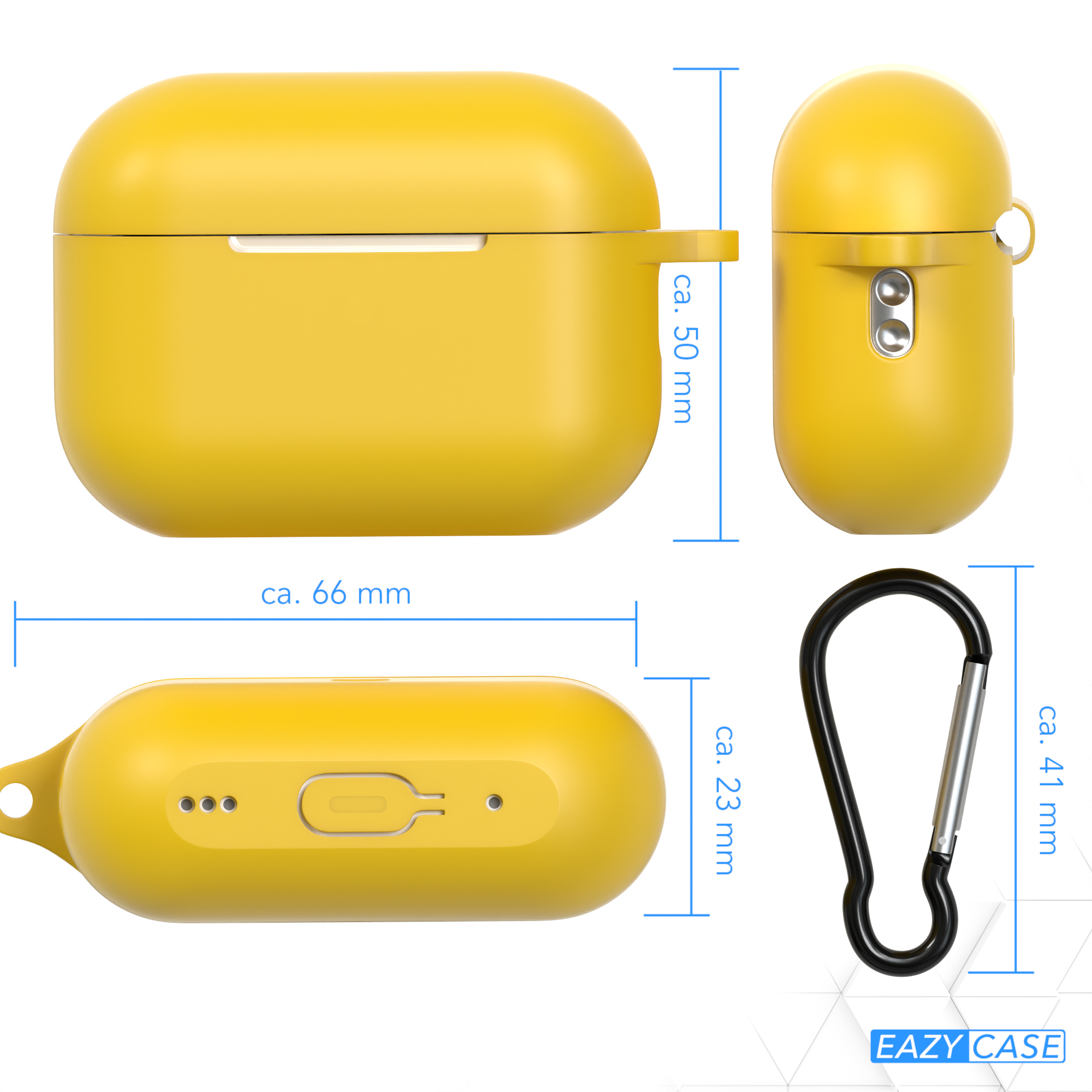 Gelbes AirPods-Case mit Maßen, Karabinerhaken, Text 'EAZY CASE'.