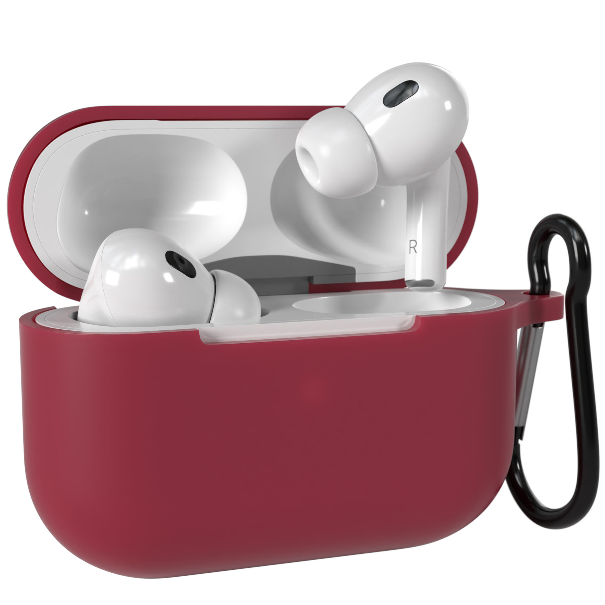 Rotes Etui mit weißen Ohrhörern. Schwarzer Karabiner befestigt.