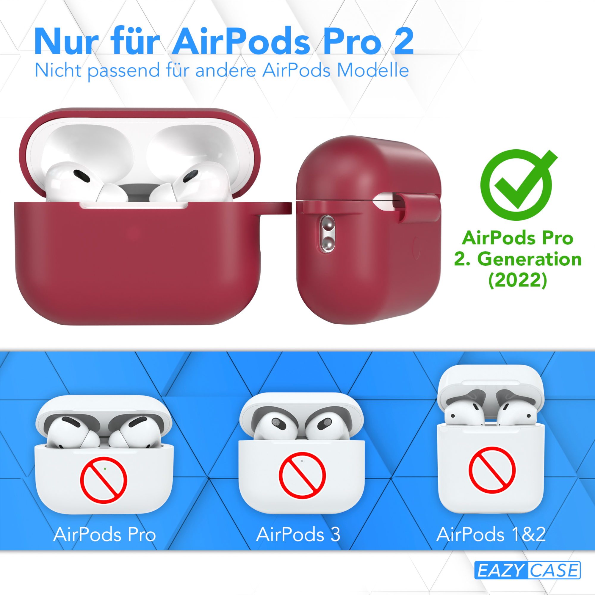 AirPods Pro 2-Hülle und AirPods, mit Diagrammen, die verschiedene Modelle zeigen. Weißer Hintergrund.