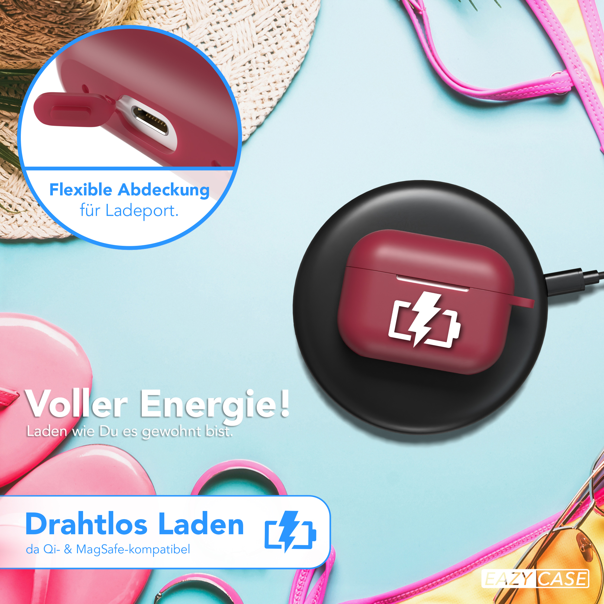 Kabelloses Ladepad, das eine rote Handyhülle lädt.