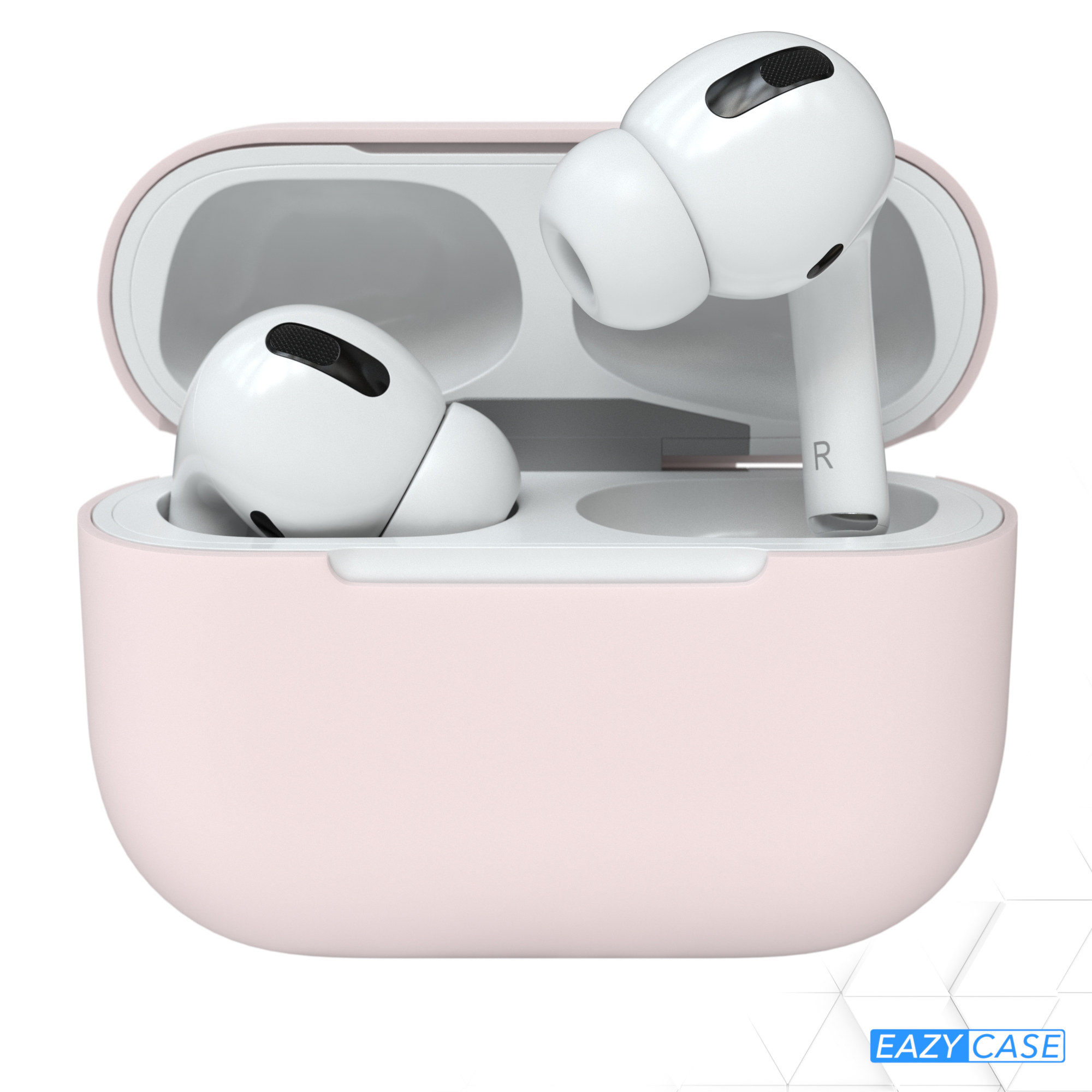 Rosa AirPods-Hülle mit AirPods darin. Die Hülle ist offen und zeigt die Ohrhörer.