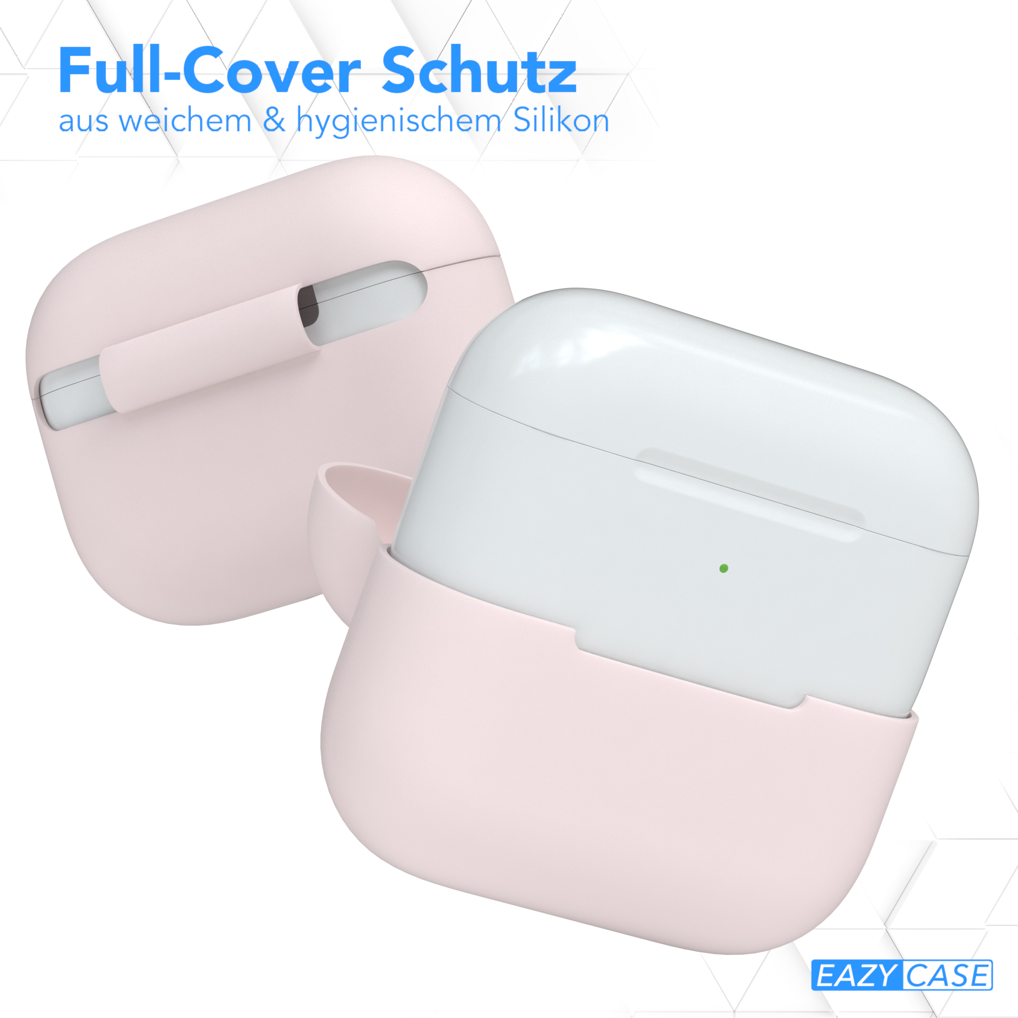 Zwei hellrosa AirPod-Hüllen, eine offen, weiße Ohrhörer zeigend. Blauer Hintergrund.