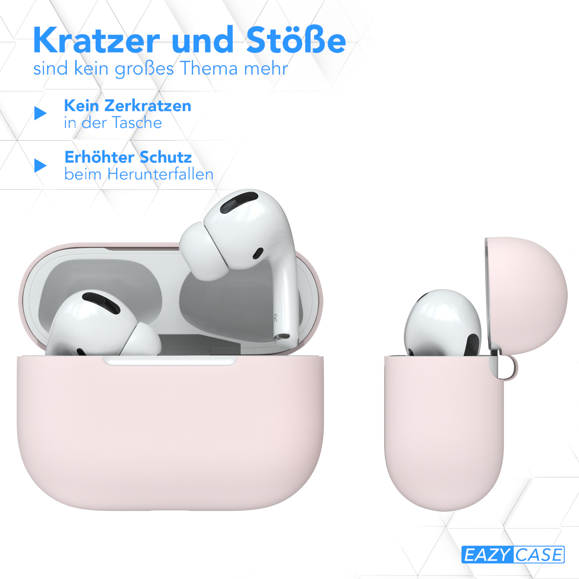 Rosa Kopfhörerhülle, offen mit Ohrhörern. Text: Keine Kratzer, erhöhter Schutz.