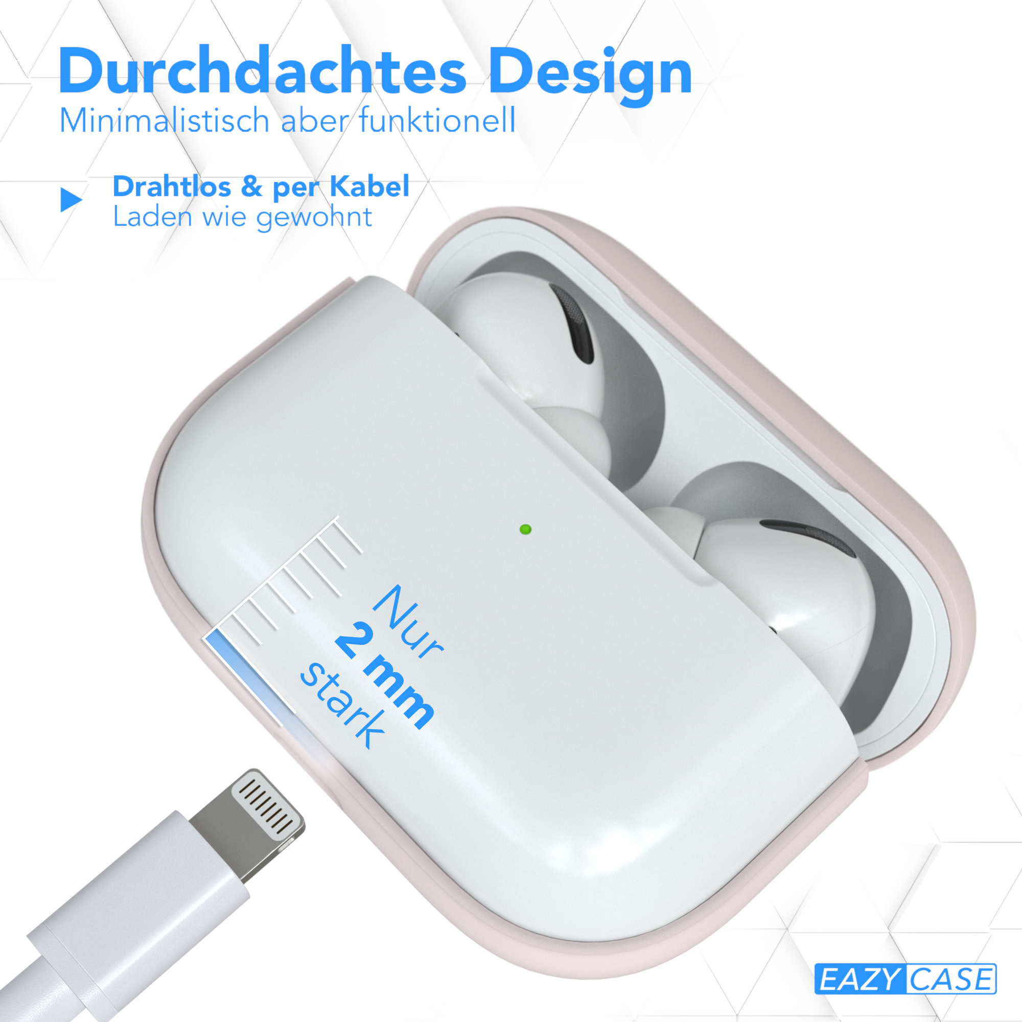 Weißes AirPods-Case mit Ladekabel. Das Case ist geöffnet und zeigt das Innere.