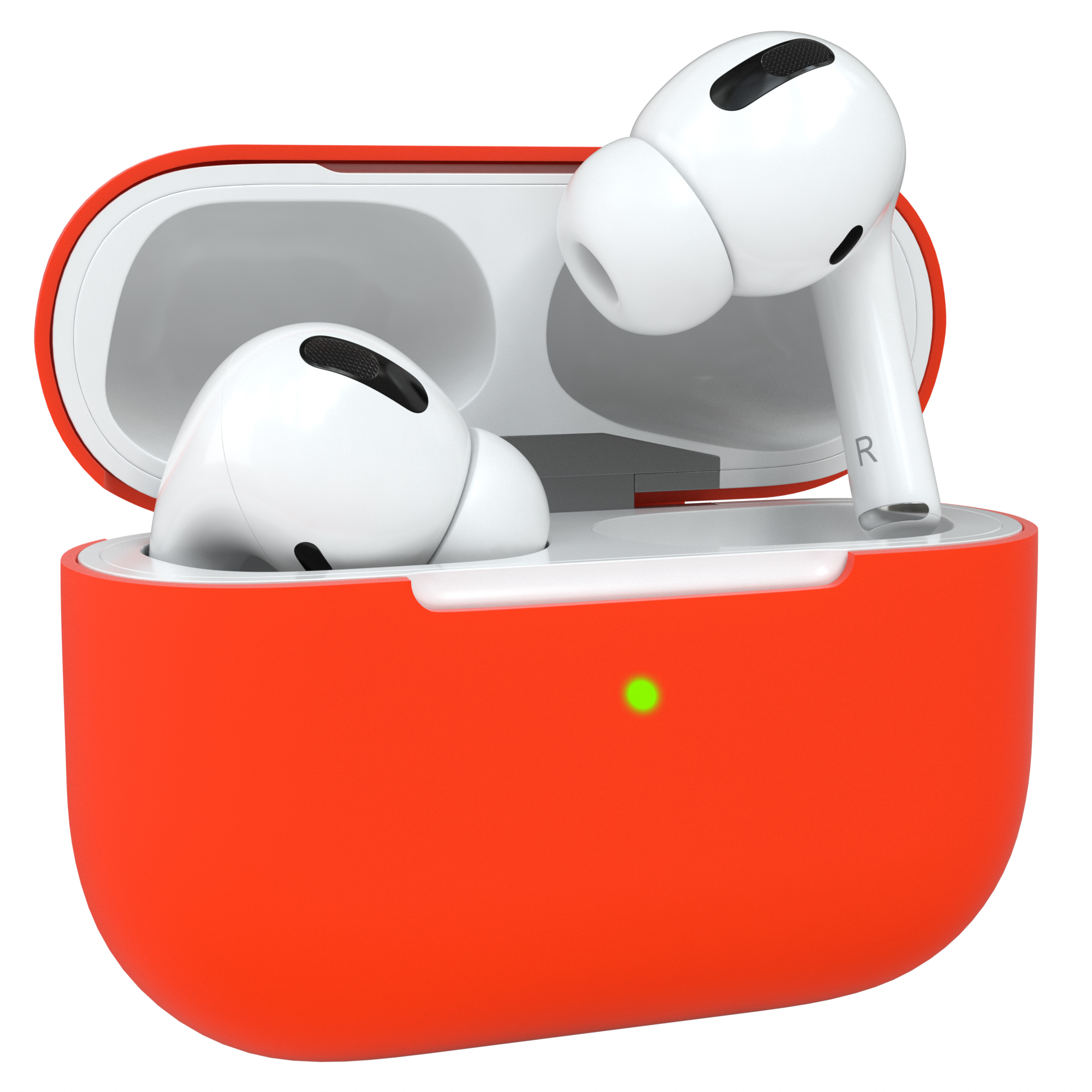 Oranges Etui für AirPods mit zwei weißen Airpods darin. Grünes Licht auf dem Etui sichtbar.