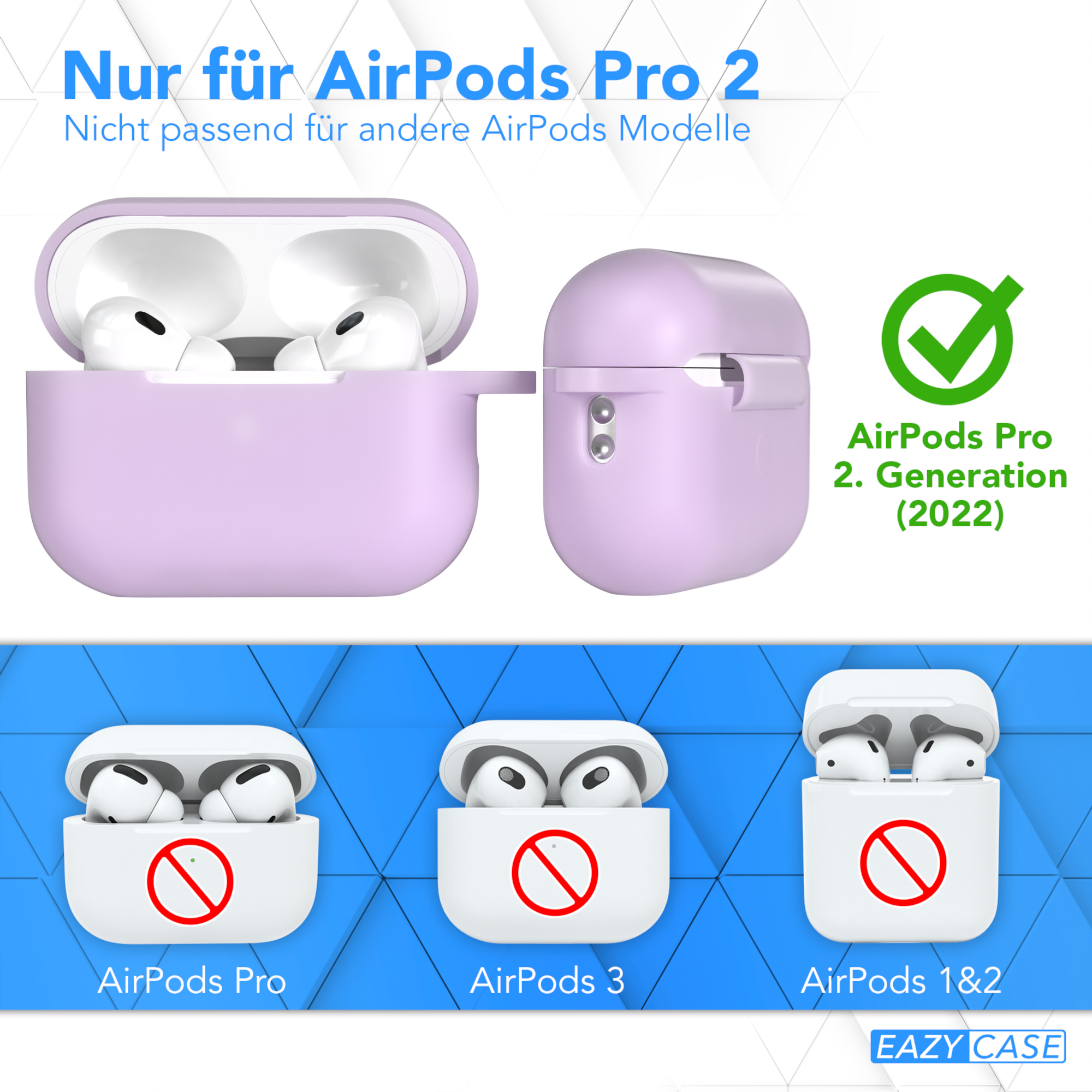 AirPods Pro 2 Hülle und AirPods Pro 2. Generation. AirPods Pro und AirPods 3 mit roten X-Markierungen.
