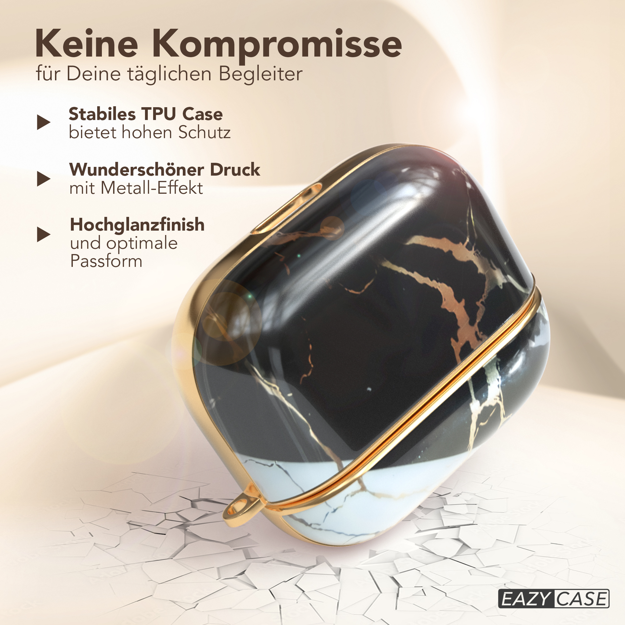 Eine schwarz-goldene Handyhülle, die Abdeckung ist ein schwarz-weißes Marmordesign mit goldenen Akzenten.