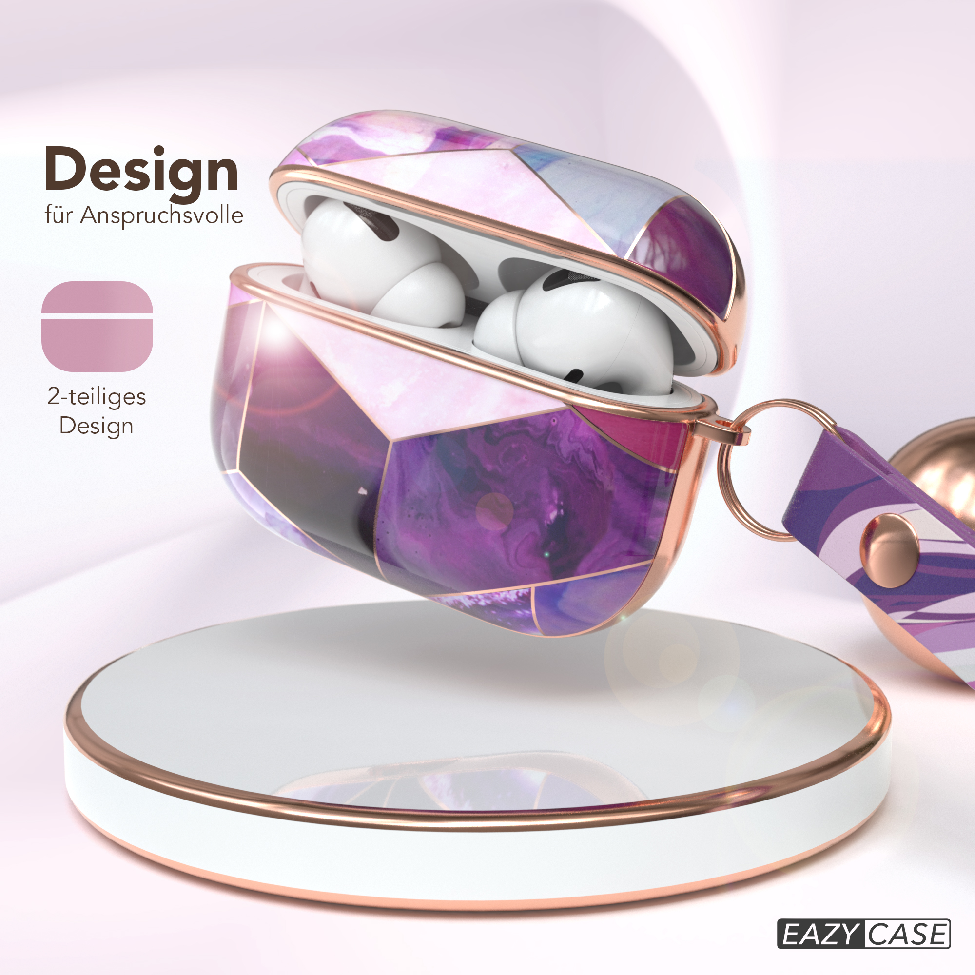 Geöffnete Kopfhörerhülle mit weißen Ohrhörern. Hülle hat ein lila-rosa geometrisches Design.