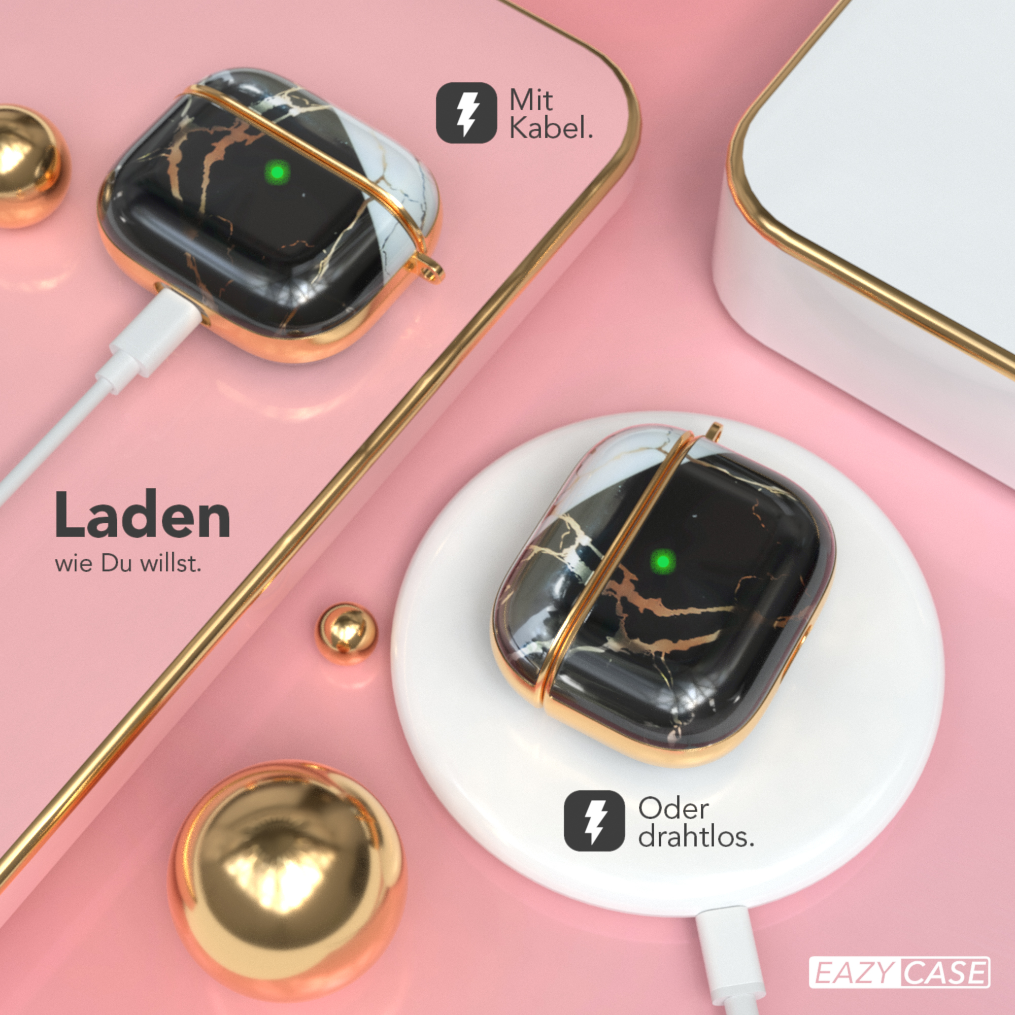 Ohrhörer in einem Ladeetui auf rosa Oberfläche. Text: „Laden wie Du willst“ und „Mit Kabel“.