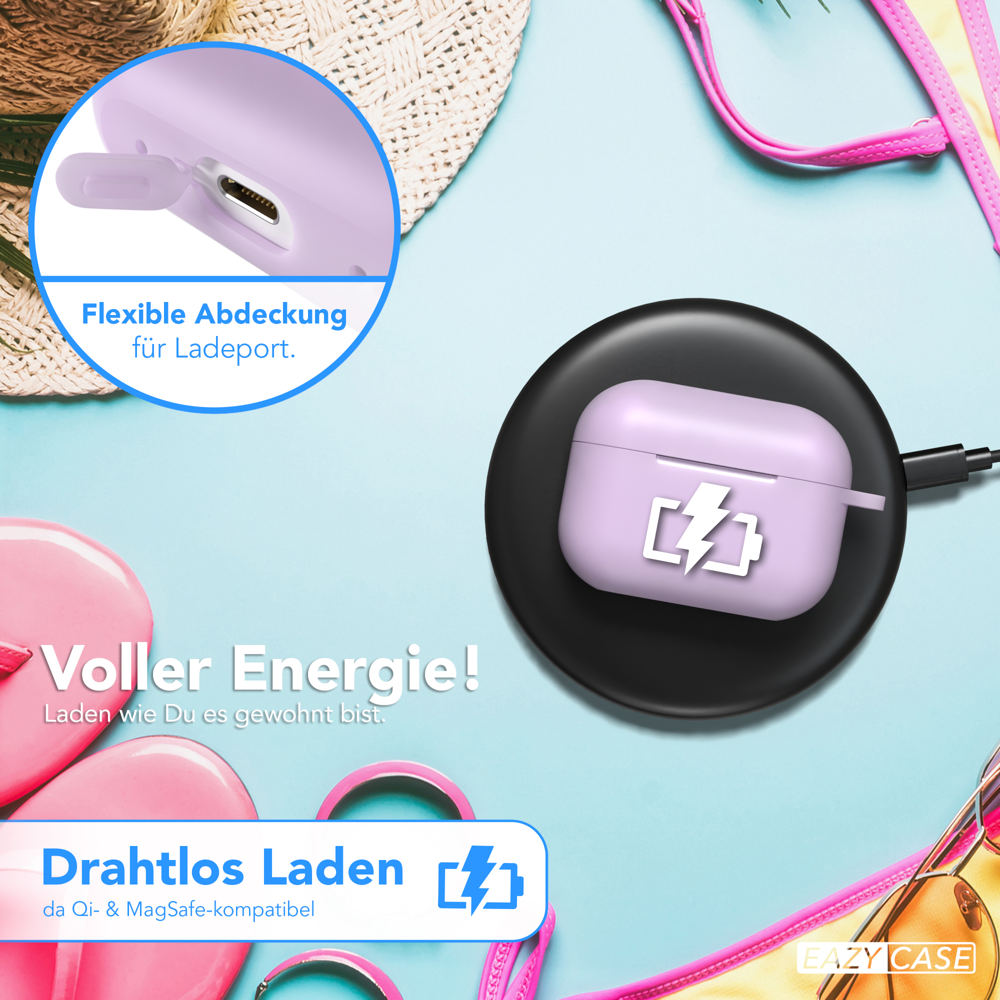 Rosa AirPods-Hülle auf schwarzem Ladepad. Strandhintergrund. Detail zum kabellosen Laden.