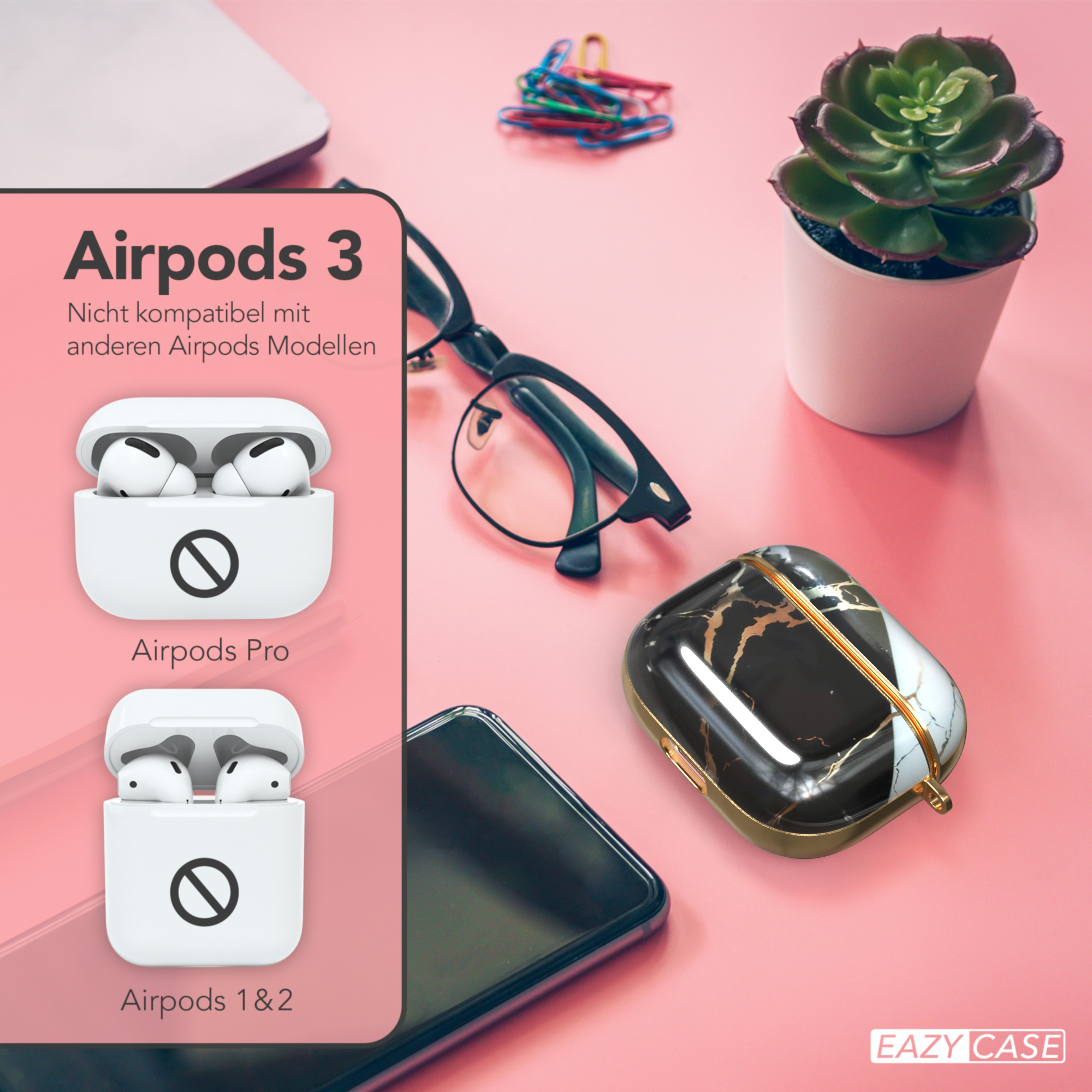 Produktanzeige: AirPods 3, AirPods Pro, AirPods 1&2. Hüllen und Zubehör auf rosa Oberfläche.