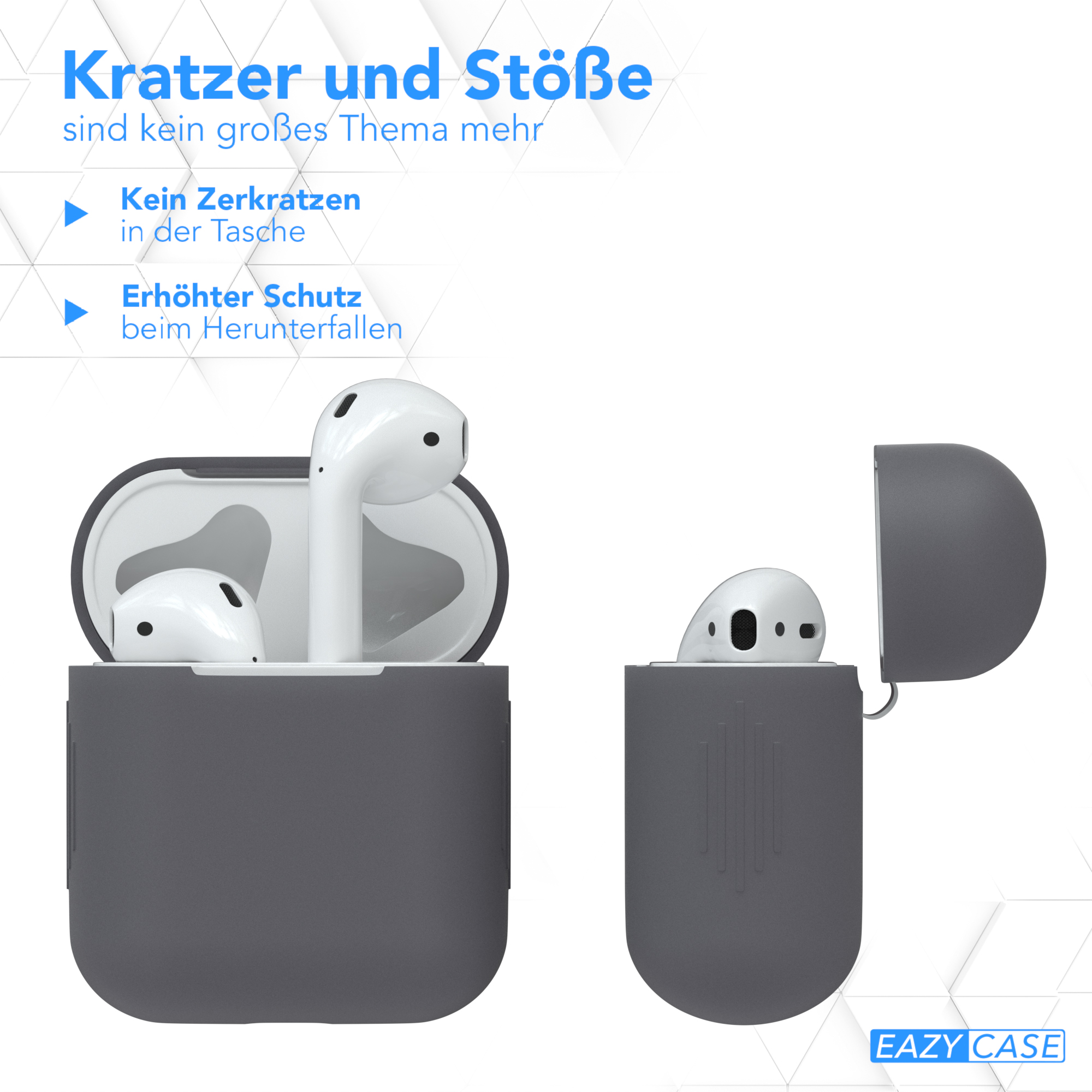 Zwei graue AirPods-Hüllen, eine offen mit Ohrhörern, die andere geschlossen. Text: Kratz- und Stoßschutz.
