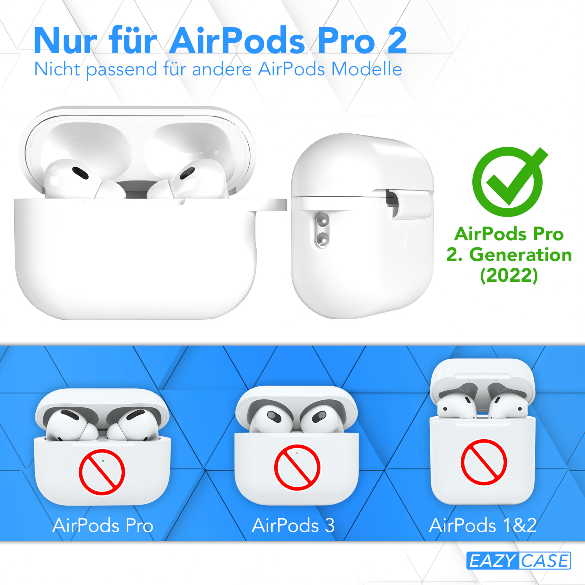 Bild zeigt drei AirPods-Hüllen. Nur eine Hülle passt zum AirPods Pro 2 Modell.