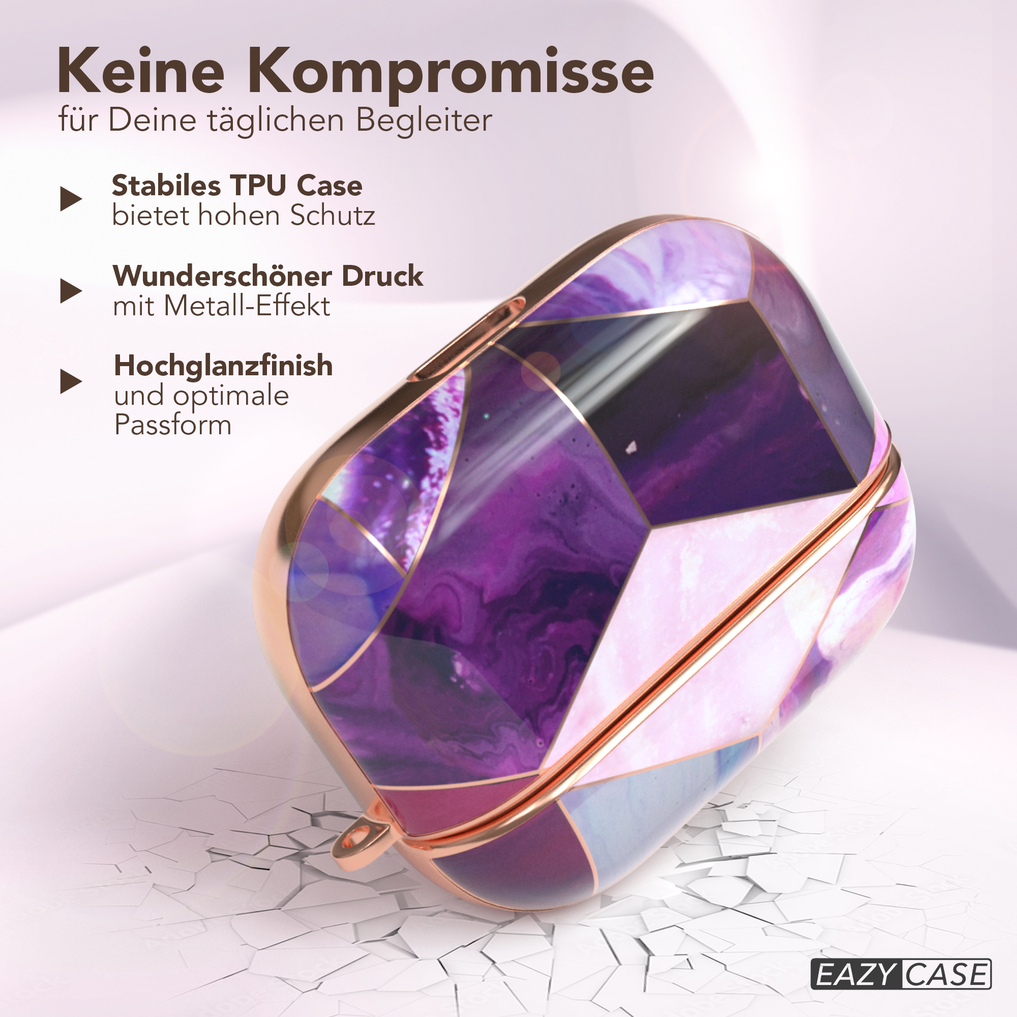 Kopfhörer-Etui, lila und gold, mit Text. Das Etui liegt auf einer rissigen Oberfläche.