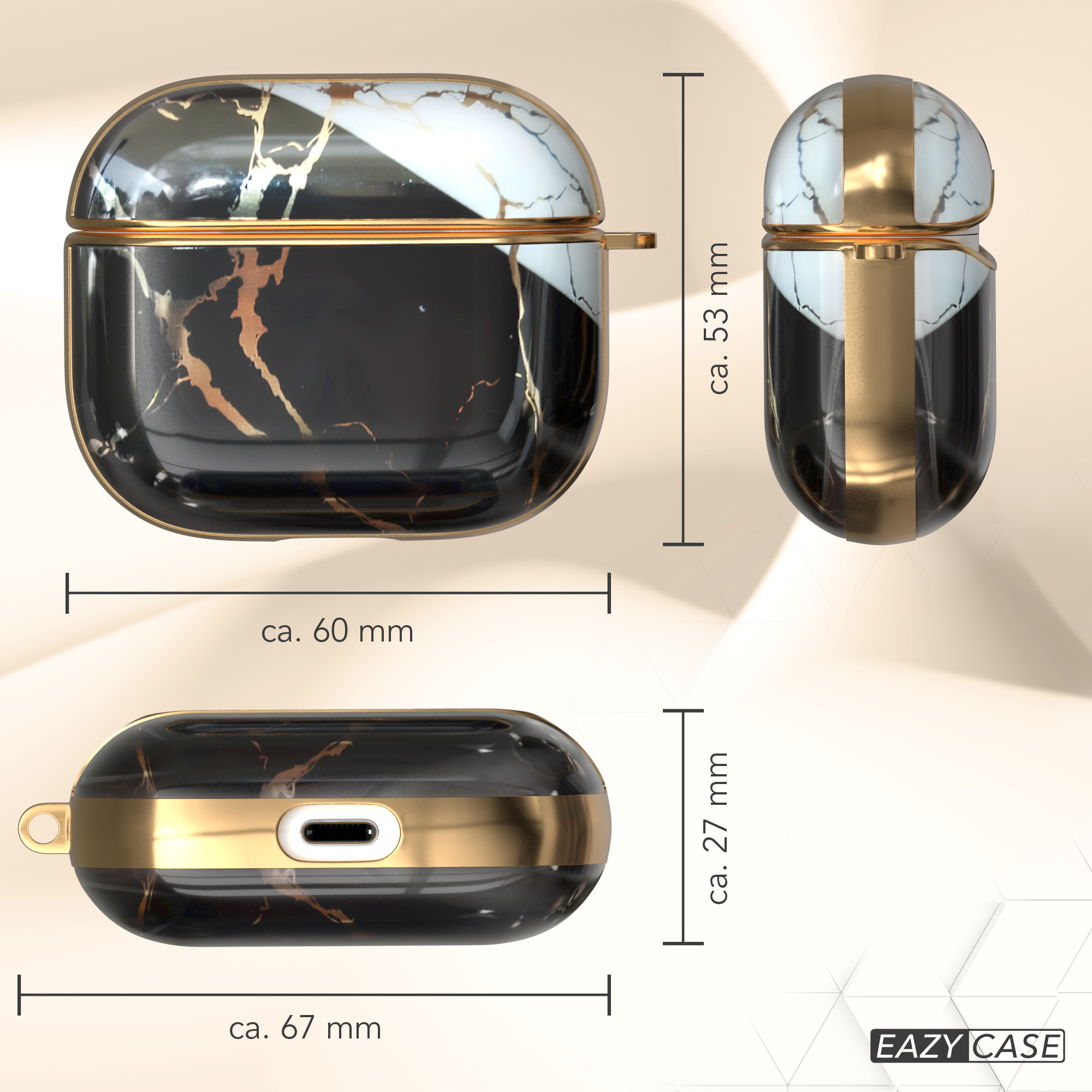 Kopfhörer-Etui mit weiß-goldfarbenem Marmordesign, Maße sichtbar, auf weißem Hintergrund.