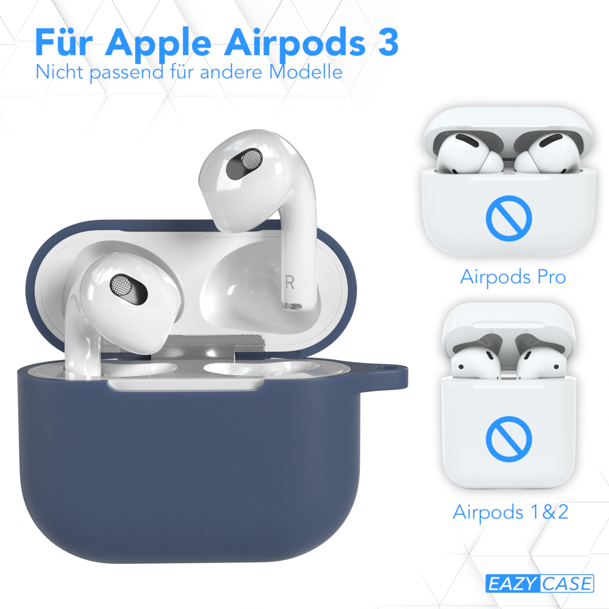 Blaue AirPods 3 Hülle, mit zwei anderen Cases, alle weiß.