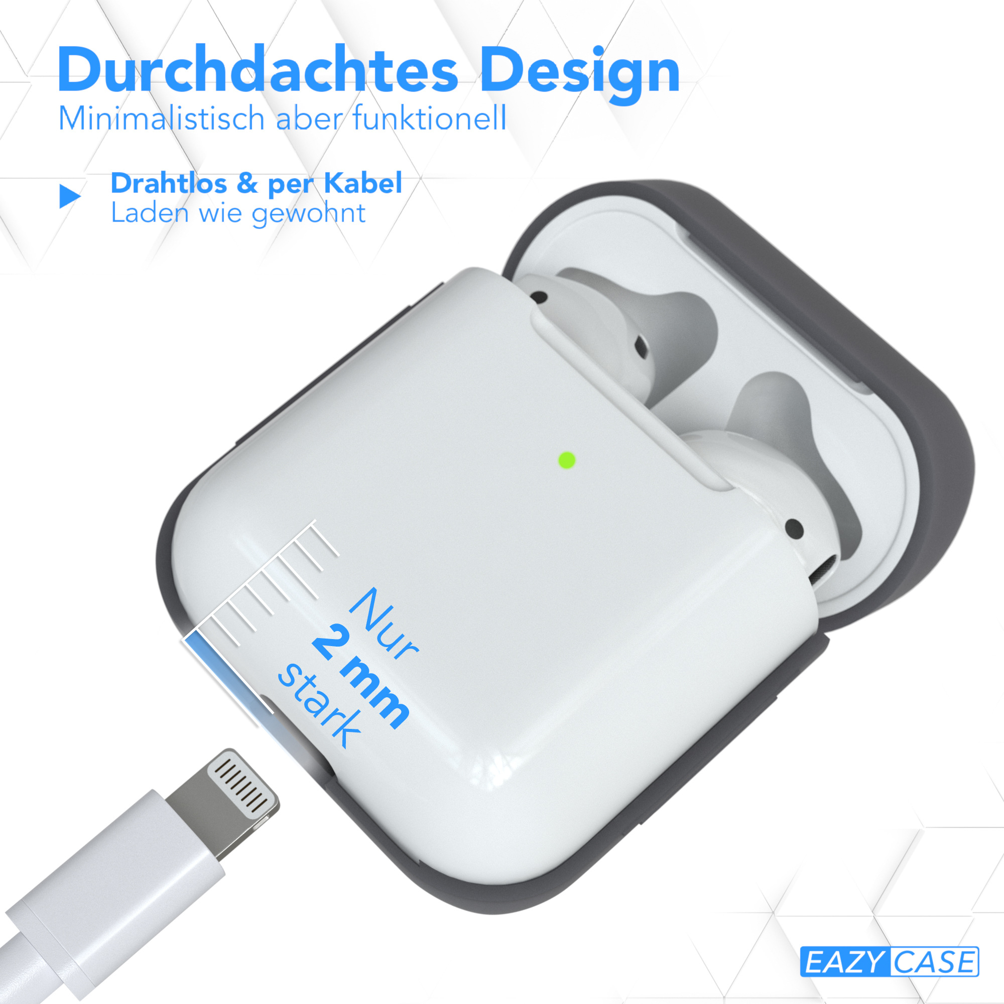 Ein AirPods-Case mit Ladekabel. Das Case zeigt die AirPods im Inneren. Text über das Design.