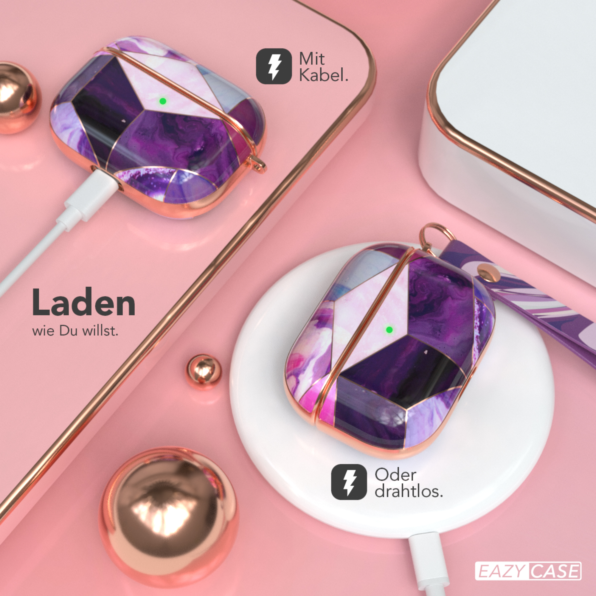 Ein weißes kabelloses Ladegerät und ein weißes Ladekabel mit einer lila-goldenen Hülle für Ohrhörer.