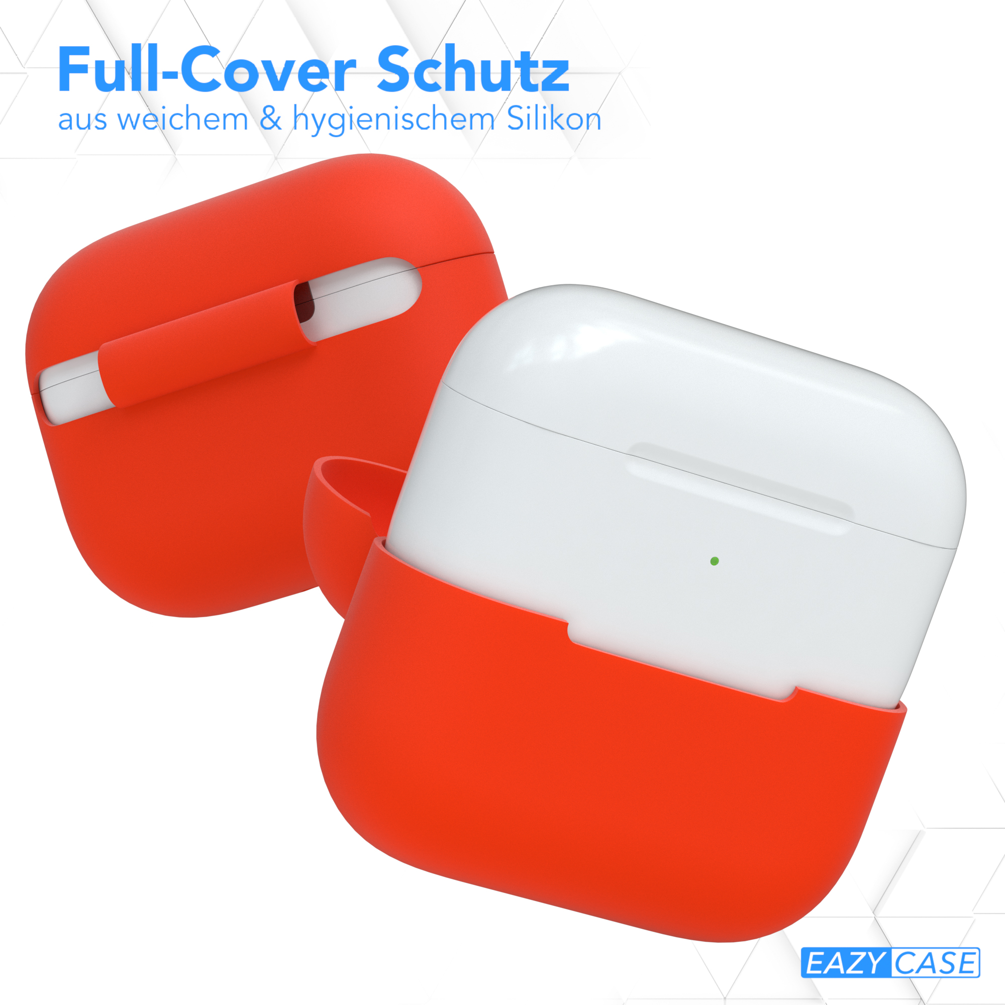 Zwei rote AirPods-Hüllen. Eine offen, eine geschlossen. Weiße AirPods in der offenen Hülle.