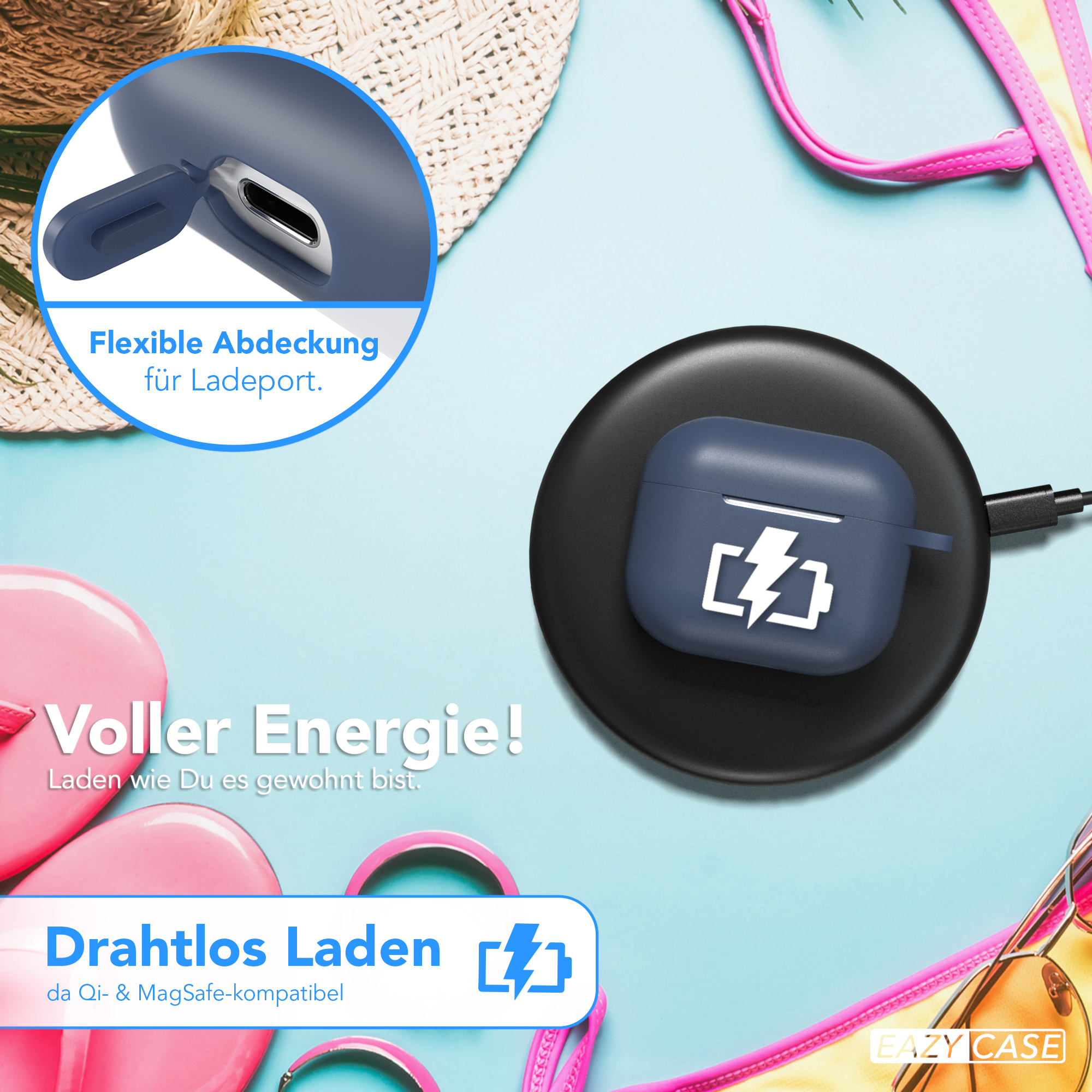 Blaue Hülle mit offenem Ladeanschluss, Ladepad und Bikini-Oberteil auf blauem Untergrund.