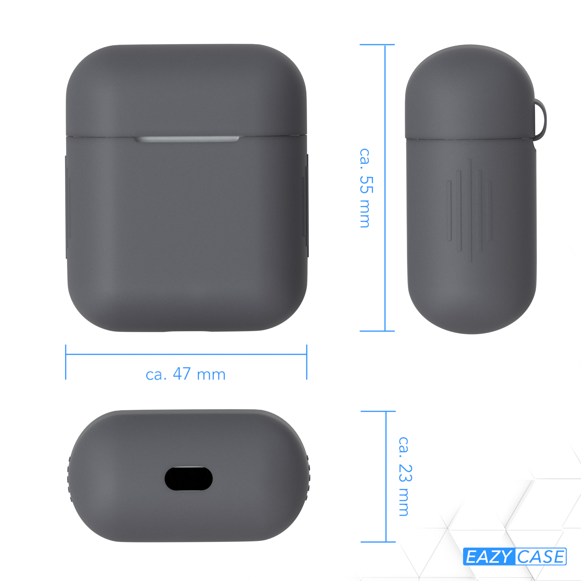 Graues AirPod-Case mit Abmessungen: 47mm x 55mm x 23mm, aus mehreren Winkeln gezeigt.