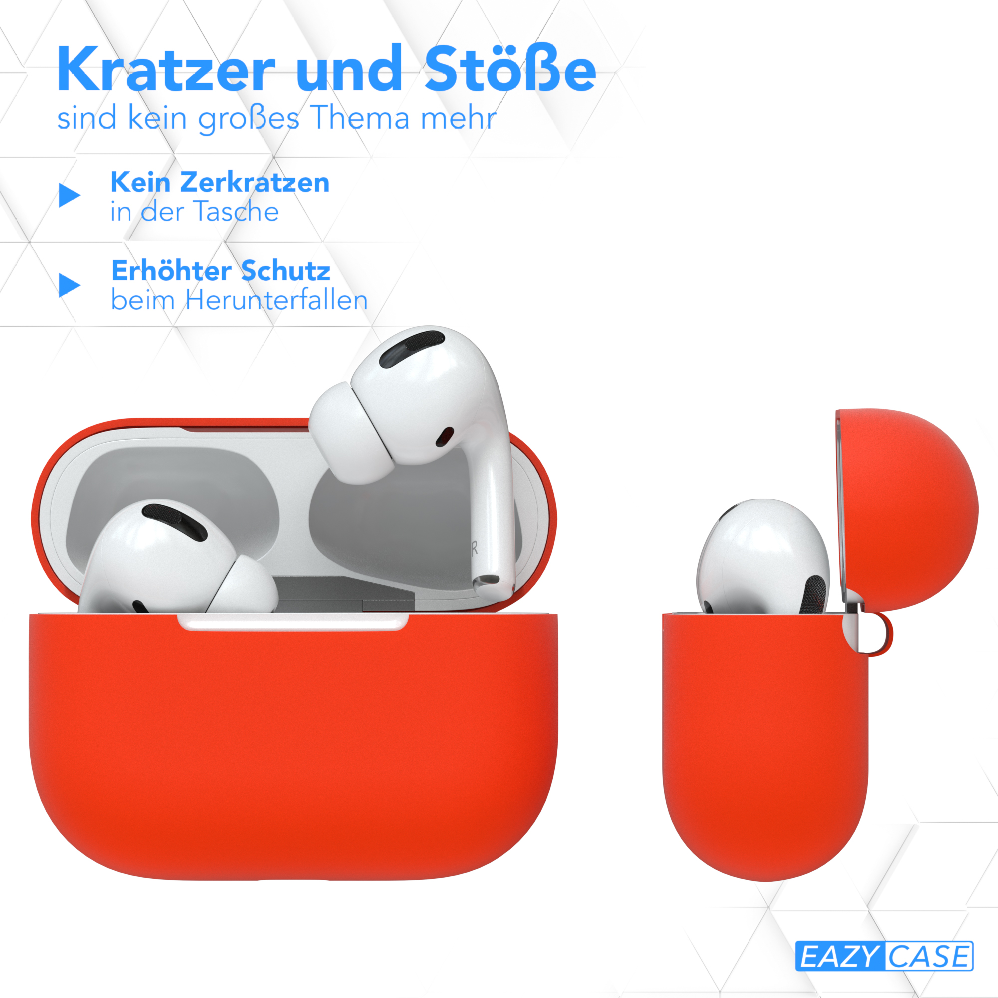 Rotes AirPods-Case, offen mit AirPods, und geschlossen. Text: Kratzer und Stöße.
