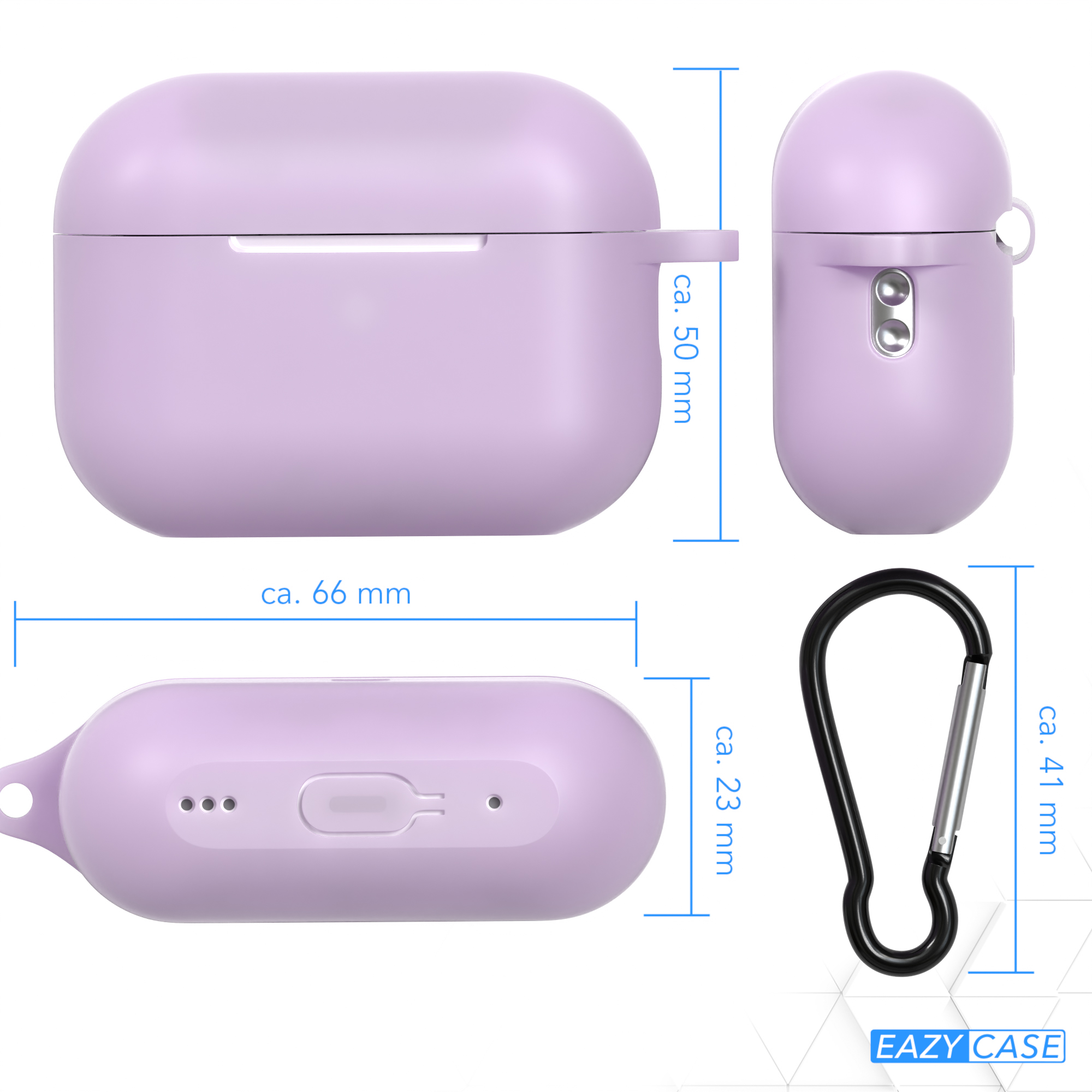 Lila AirPods-Hülle mit Maßen und schwarzem Karabiner. Weißer Hintergrund.