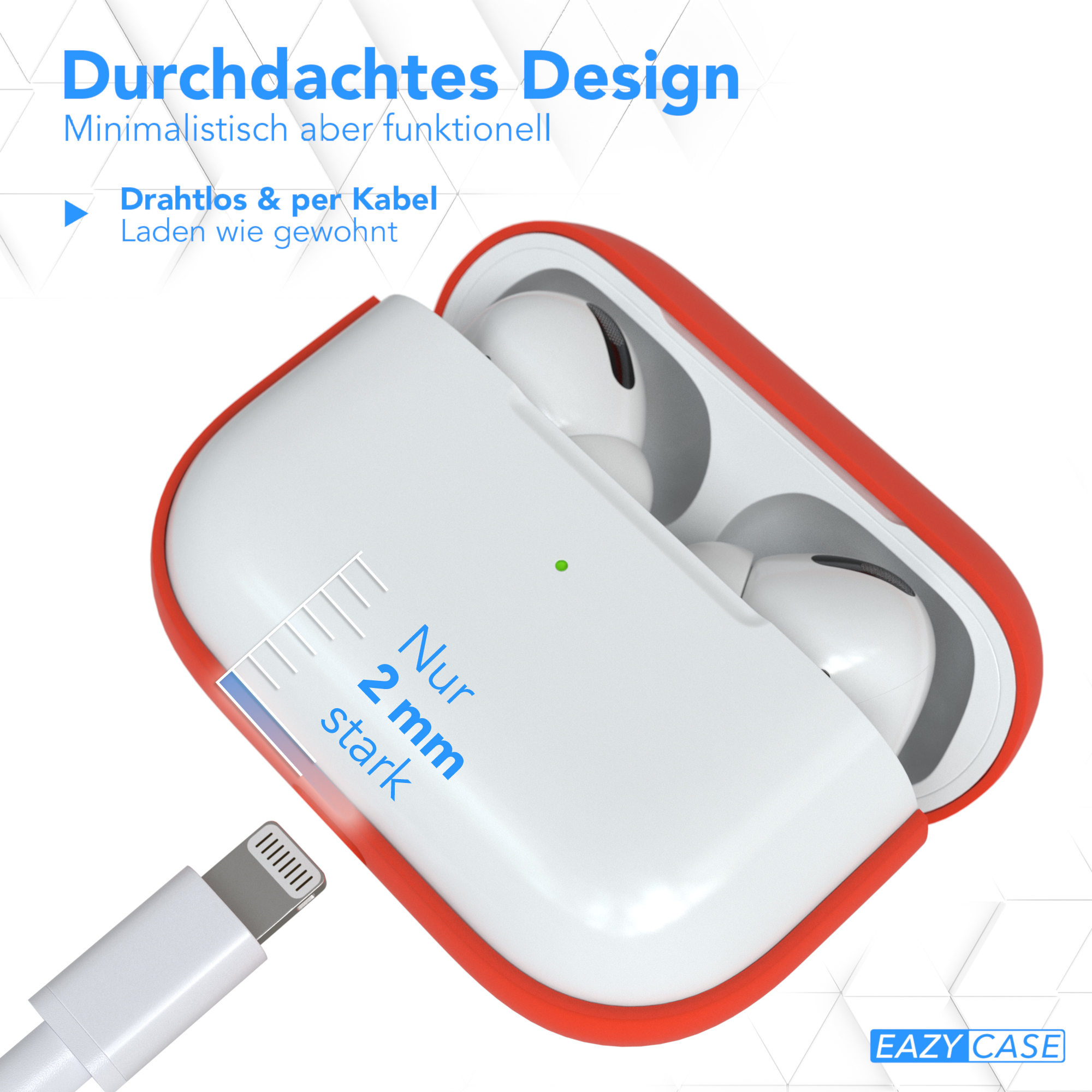 Rotes und weißes AirPods-Case mit Ladekabel, Text über 2mm Dicke.