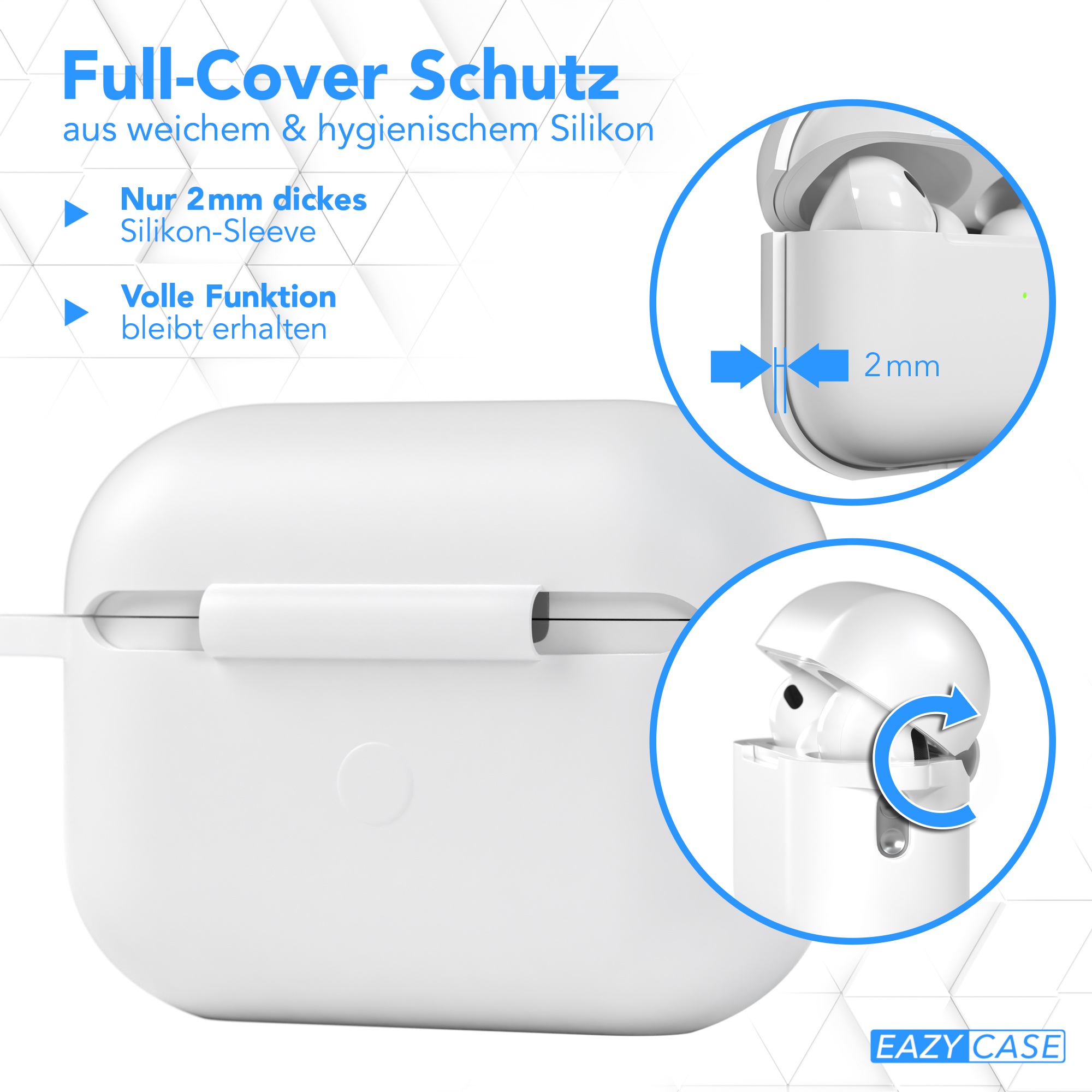 Ein hellblaues AirPods-Case mit Text, das Case und die AirPods im Inneren zeigend.