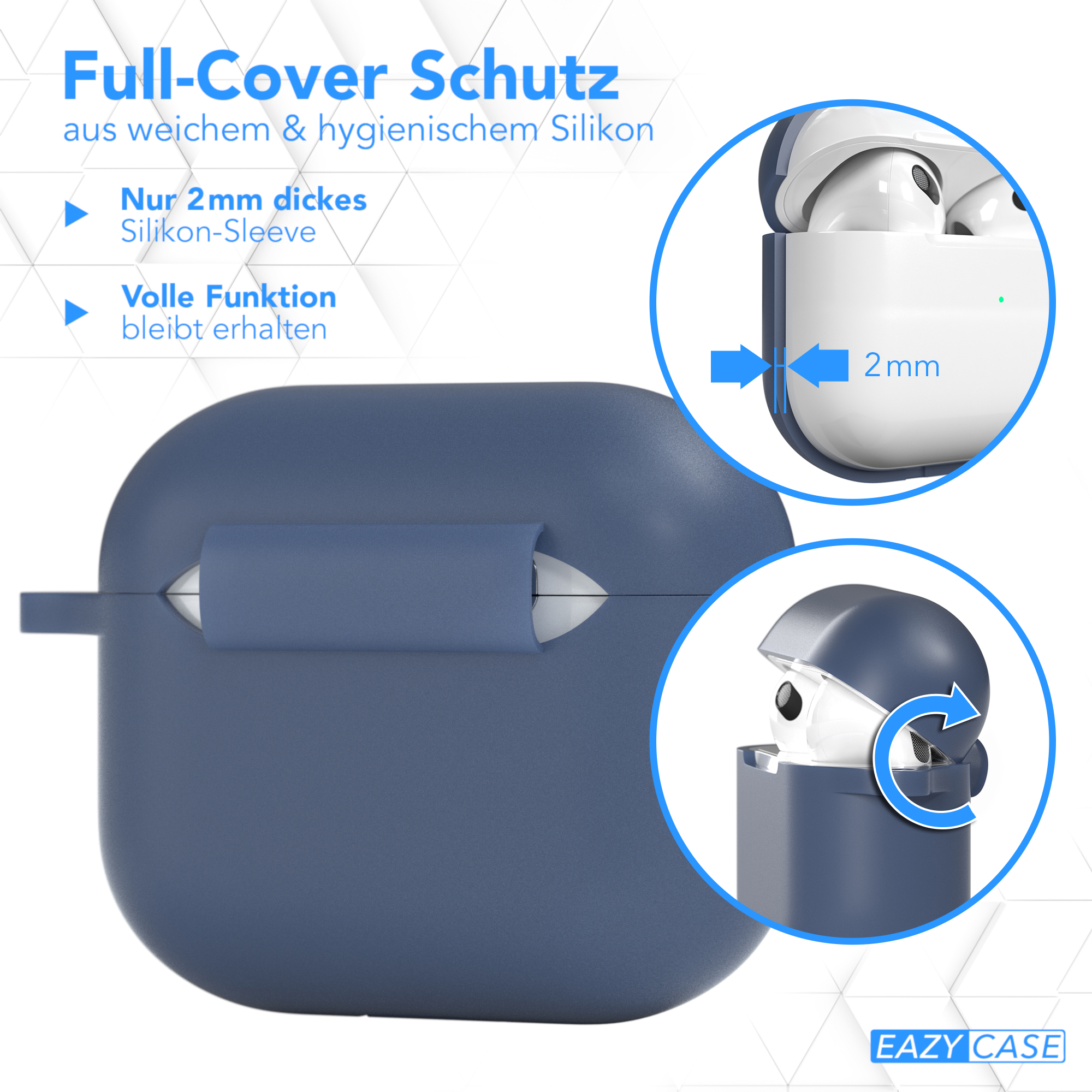 Blaue Schutzhülle für Ohrhörer, die 2 mm Dicke und Nahaufnahme zeigt.
