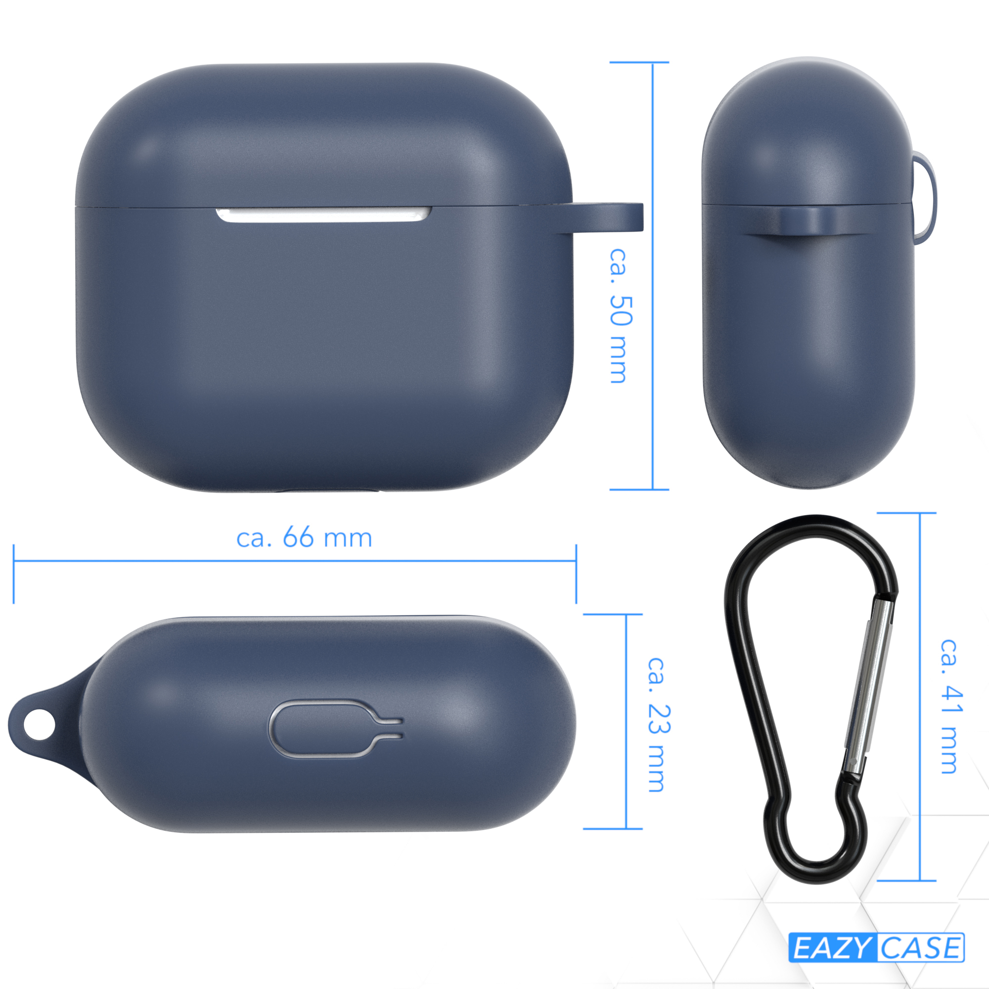 Blaue Kopfhörer-Hülle mit Maßen und einem schwarzen Karabiner.