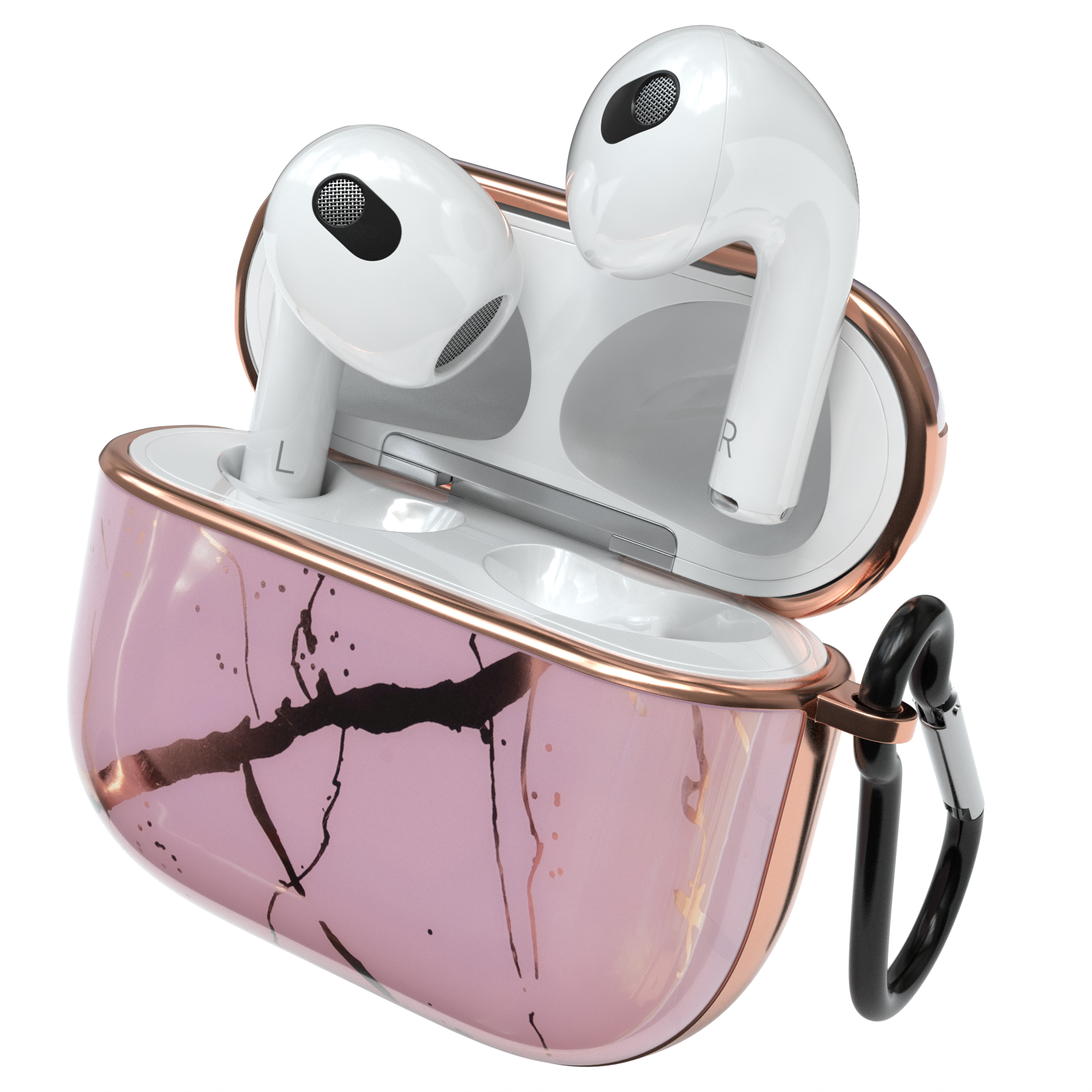 Weiße AirPods in einem rosa Etui mit goldenem Rand. Weißer Hintergrund.