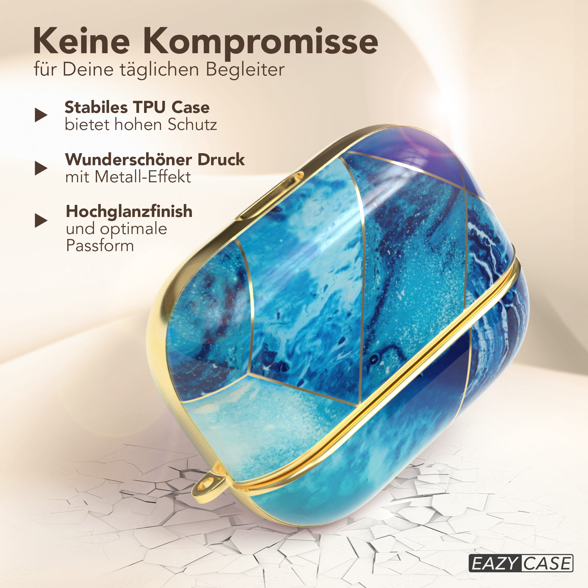 Eine blaue und goldene Marmor-AirPods-Hülle, mit Text über Schutz und Hochglanz-Finish.
