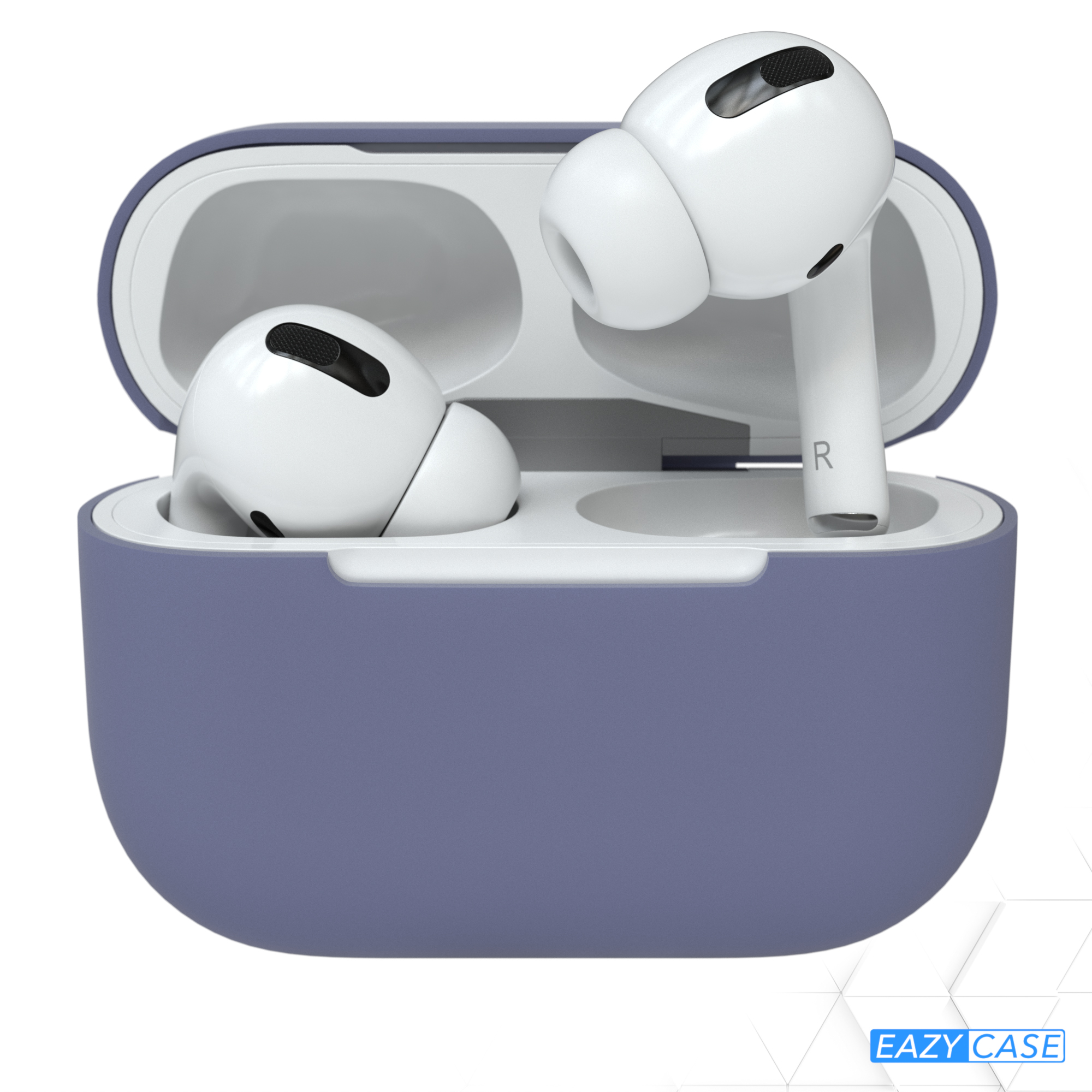 Lila AirPods-Etui mit AirPods darin, auf weißem Hintergrund. Das Etui ist geöffnet.