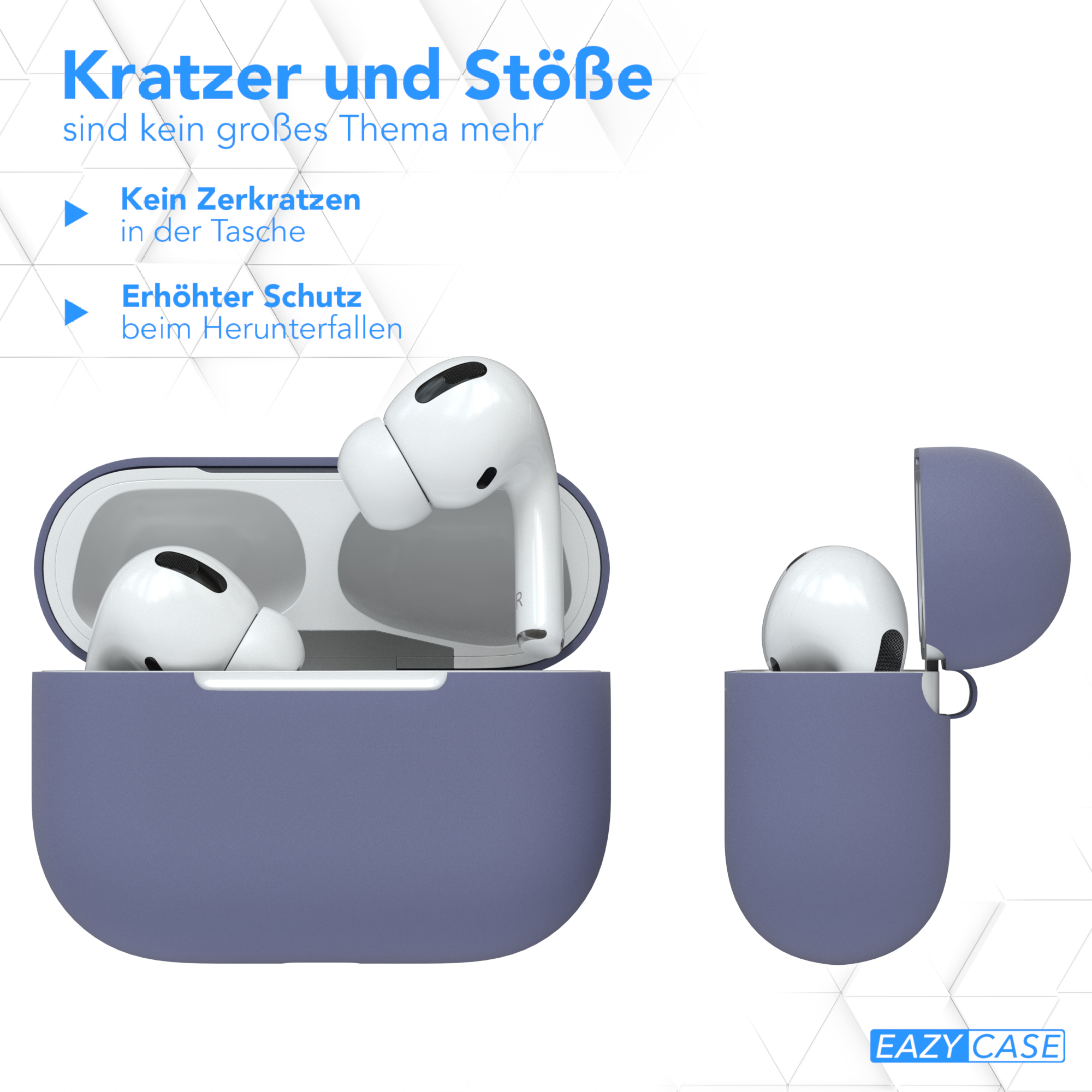 Ohrhörer in einem Gehäuse. Text weist auf Schutz vor Kratzern und Stößen hin.