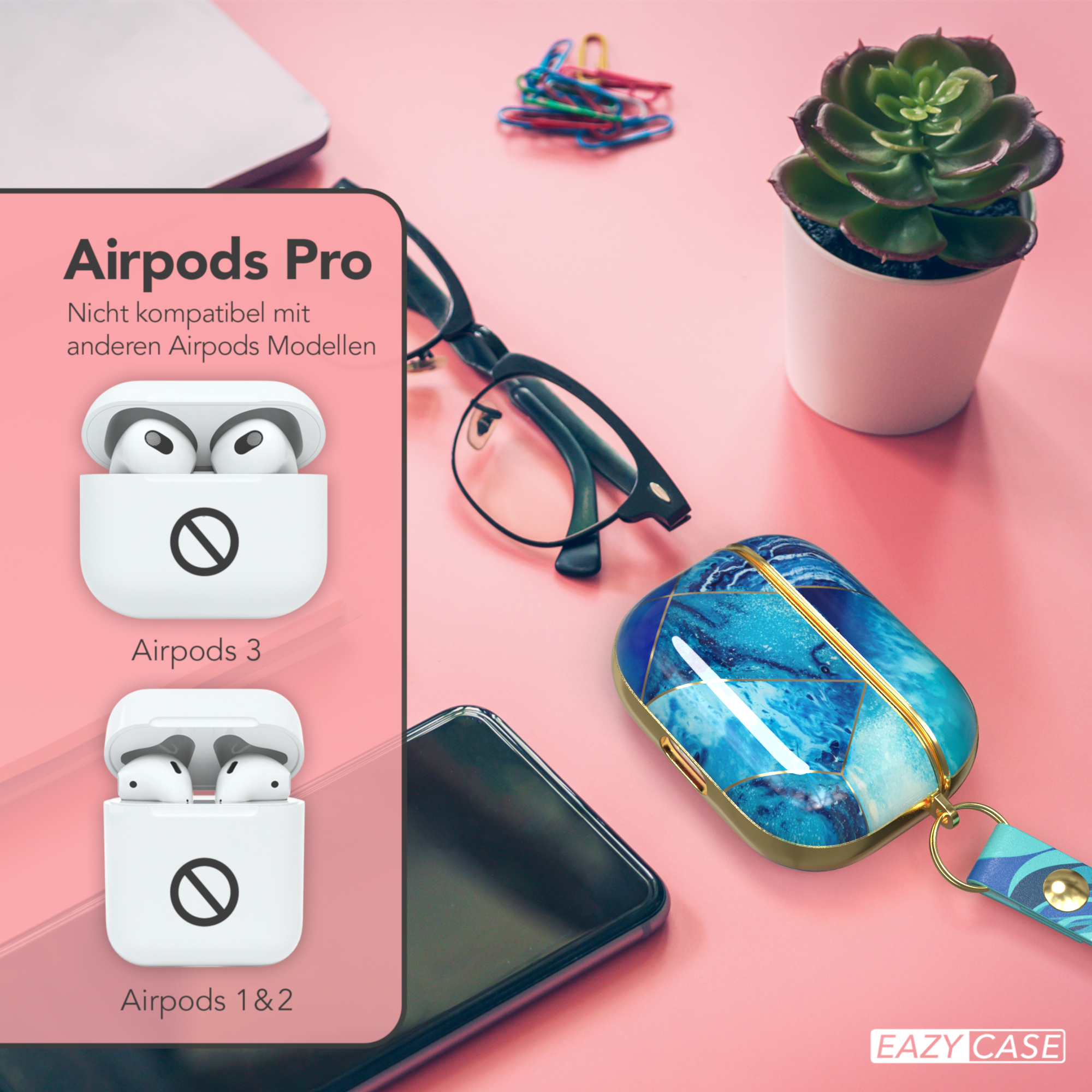 Airpods Pro, Airpods 3 und 1&2 Hüllen auf rosa Hintergrund. Text über Modelle.