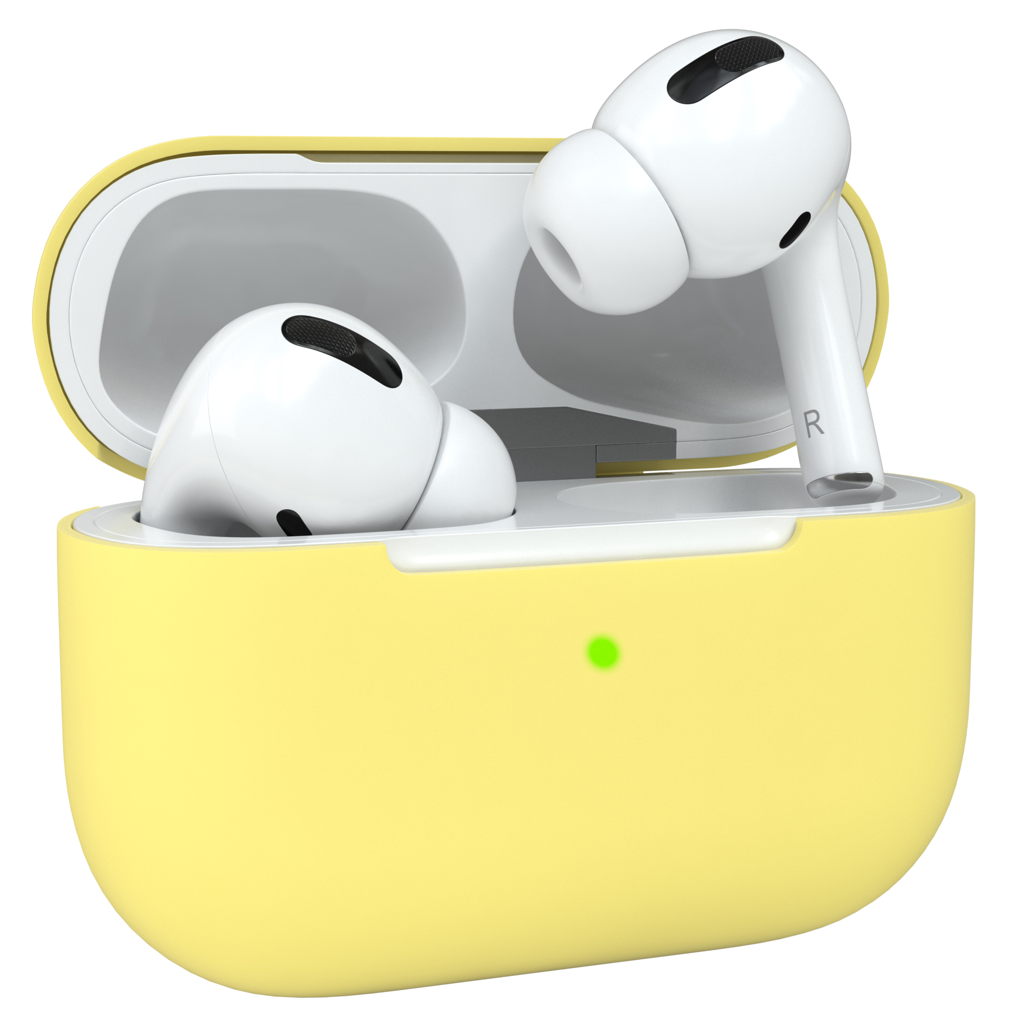 Gelbe AirPods Pro in einem gelben Ladecase. Das Case ist geöffnet, die Ohrhörer sind sichtbar.